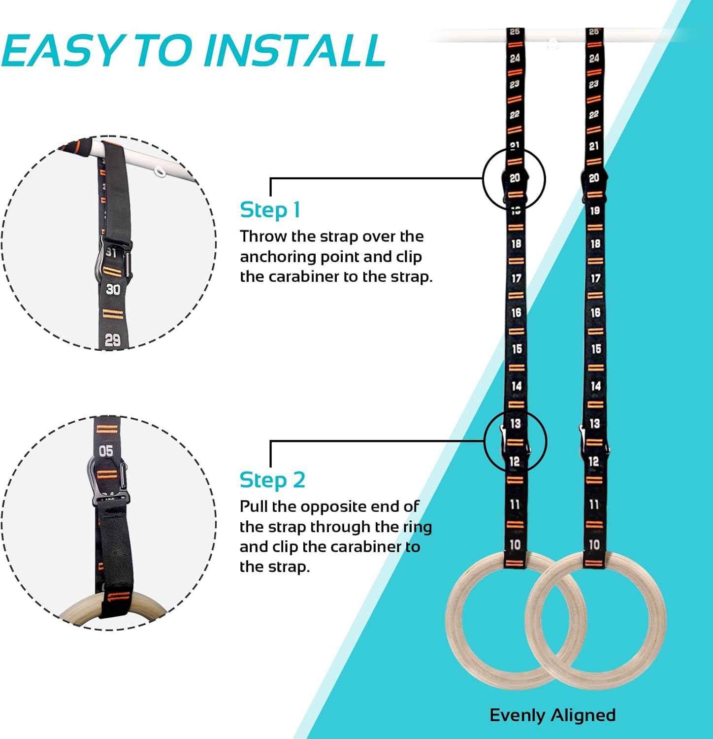 Vulken Wooden Gymnastic Rings with Adjustable Numbered Straps. 1.1'' Olympic Rings for Core Workout, Crossfit, and Bodyweight Training. Home Gym Rings 1600Lbs with Workout Handles image number 6