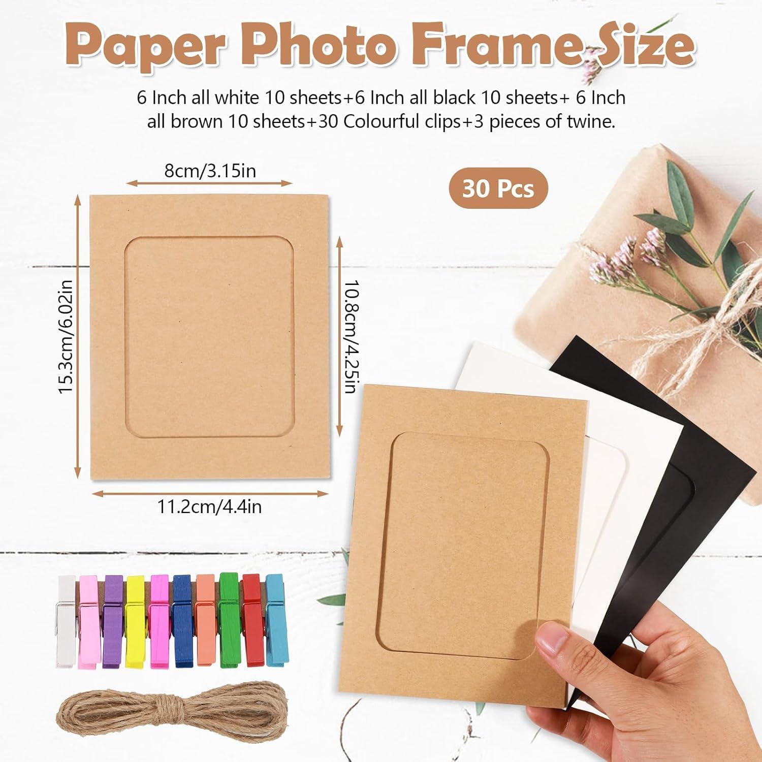 30 PCS Paper Picture Frames Holds 4 X 6 Inch Photos Cardboard Picture Frame with Wood Clips and Jute Twine for Home, Office,School Wall Decor Hanging Display (3 Colors) image number 6