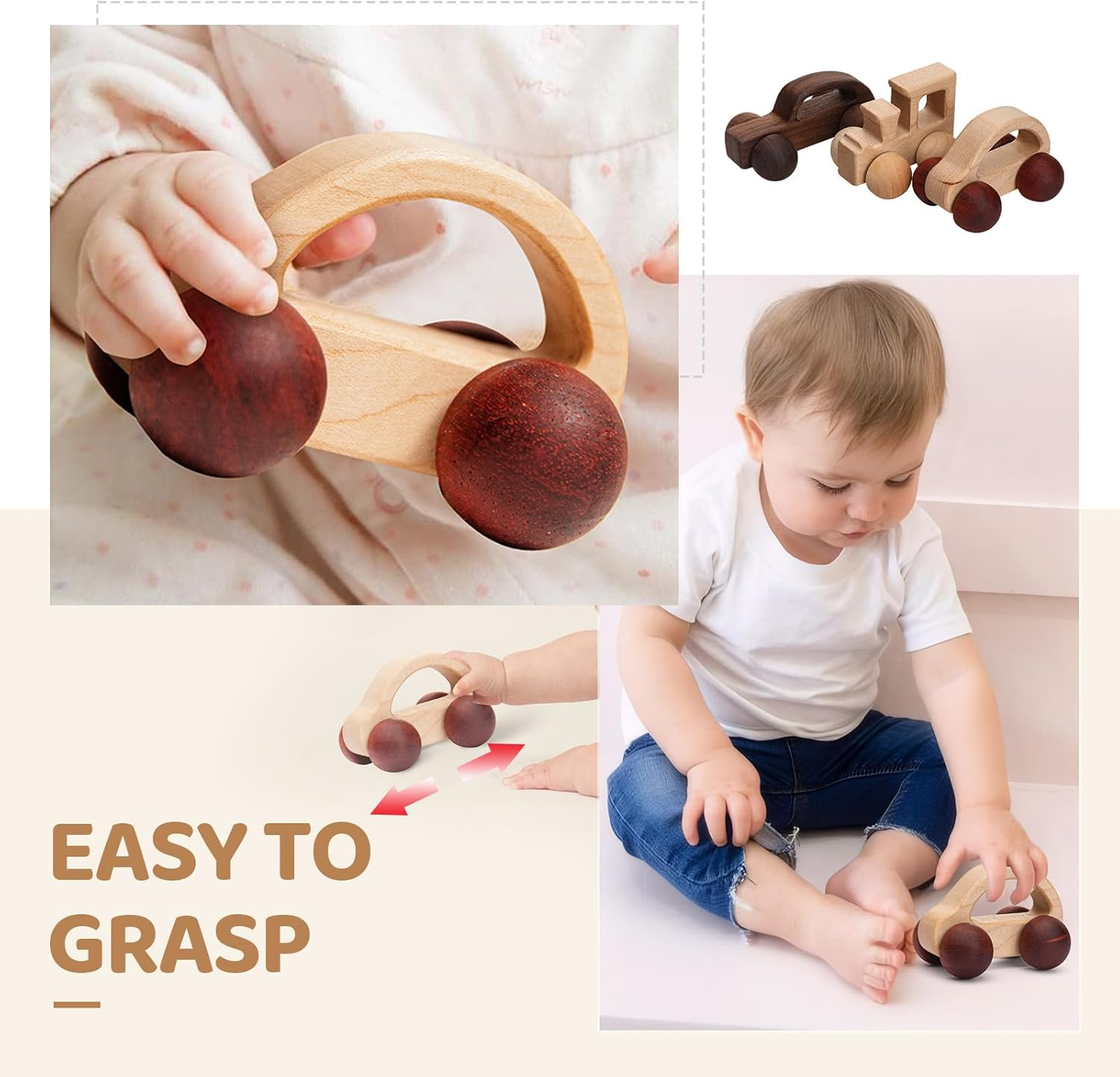 3PCS Wooden Baby Toys Montessori Toys for Babies 0-6-12 Months Push Car for 1 Year Old Boy Birthday Gift image number 4