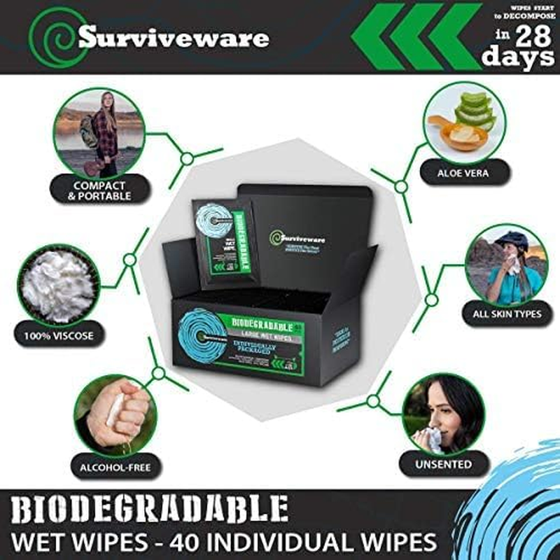 Surviveware Biodegradable Wet Wipes 40 Individually Wrapped Wipes - for Post Workouts, Travel, Bath, and No-Rinse Showers image number 1