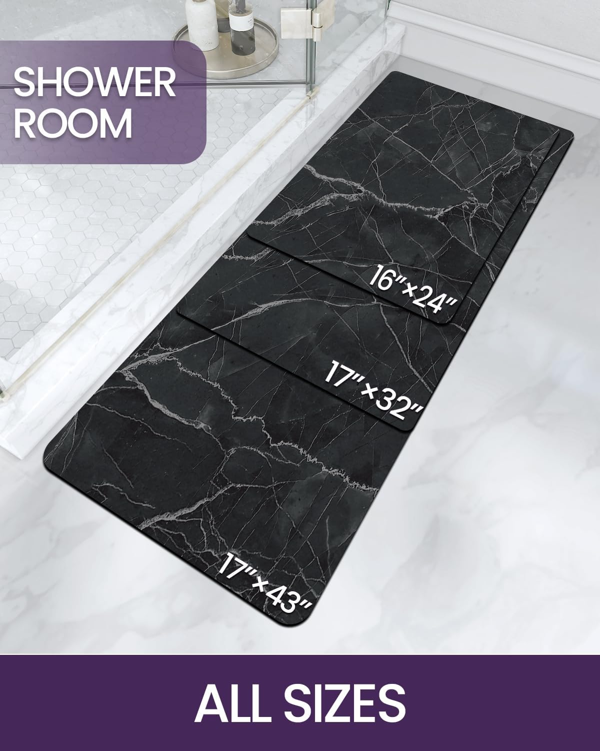 DEXI Bath Rug-Rubber Non-Slip Quick Dry Bathroom Rugs, Super Absorbent Thin Bath Mat, Washable Bathroom Floor Mats for in Front of Bathtub, Shower Room, Sink, 17"X32", Black image number 2