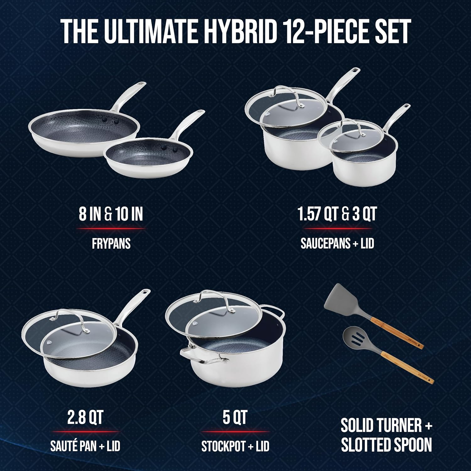 Blue Diamond Hybrid Nonstick Stainless Steel 12 Piece Cookware Set, Tri-Ply Pfas-Free Ceramic Diamond Bond Pots & Pans, Dishwasher & Oven Safe to 850F, Induction Ready, Metal Utensil Safe, Silver image number 6