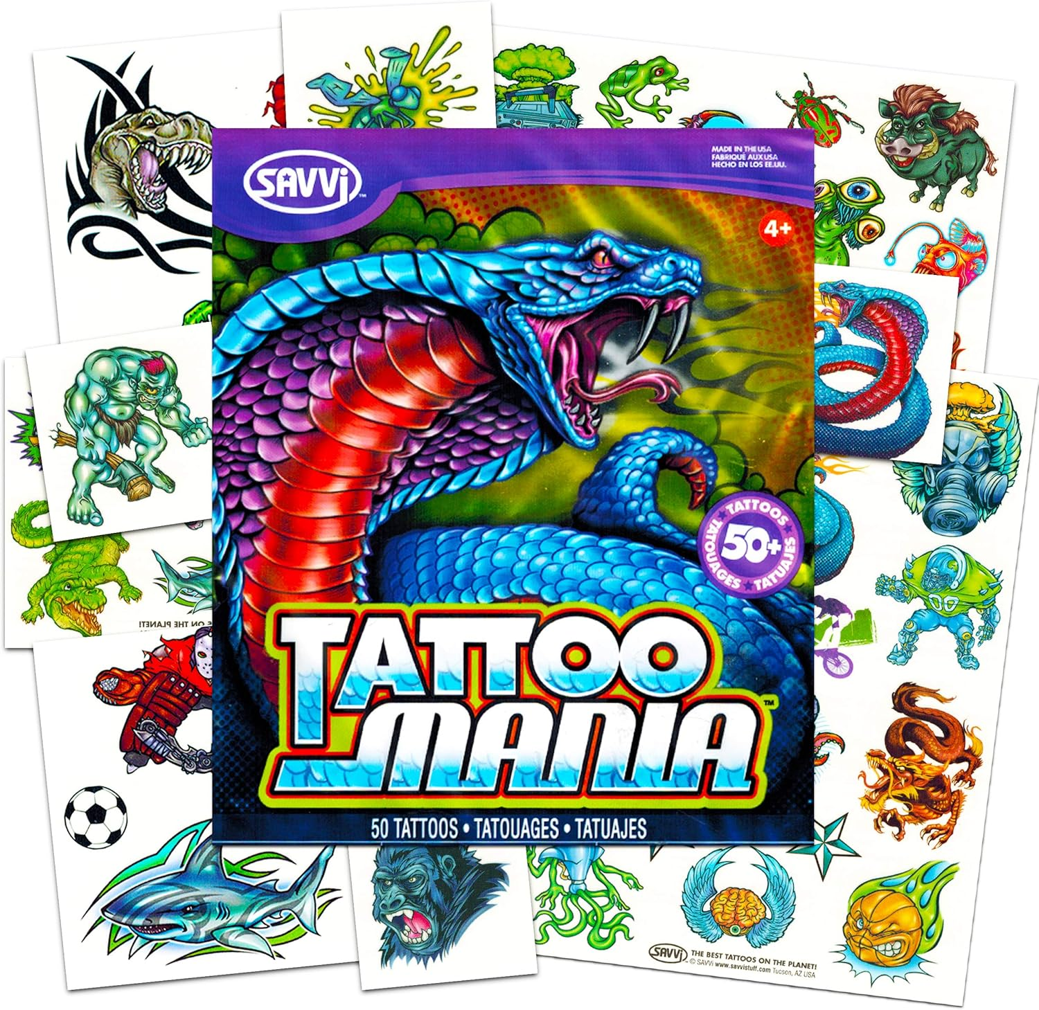 New School Temporary Tattoos for Boys Kids Adults -- 100 Bright and Bold Biker Tattoos with Monsters, Animals, Dinosaurs, and More (Party Supplies)