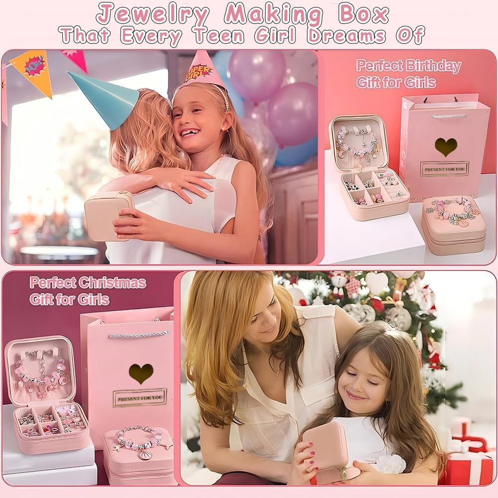 Charm Bracelet Making Kit for Girls, 68Pcs Charm Bracelets Kit with Jewelry Box, Jewelry Charms, Bracelets for DIY Craft, Jewelry Gift Adults and Kids, Present for 8-12 Year Old Girl Colorful (Pink) - Pink image number 4