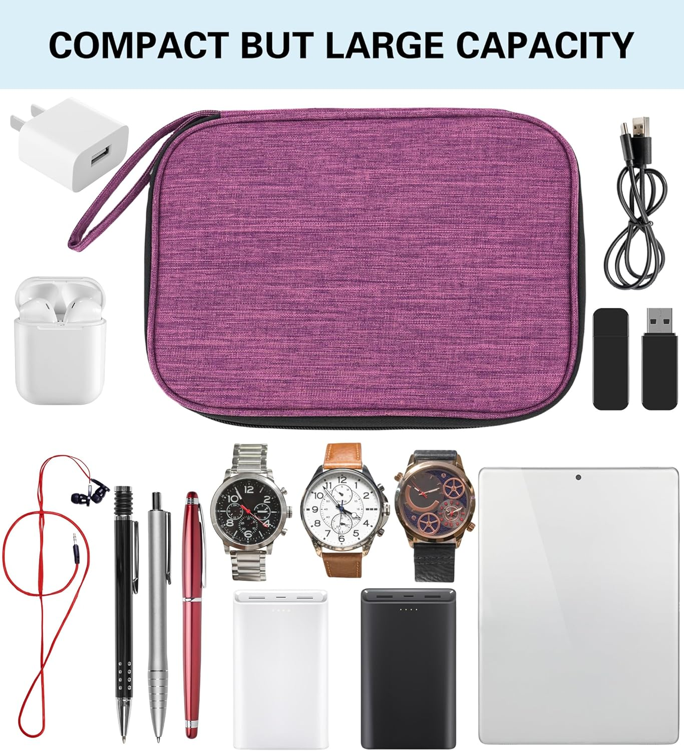 Electronics Organizer Travel Case &ndash; Portable Waterproof Tech Accessory Bag for Cables, Chargers, Watch Straps & Gadgets with Zipper, Hanging Strap & Elastic Compartments for Travel, Office, Daily Use image number 5