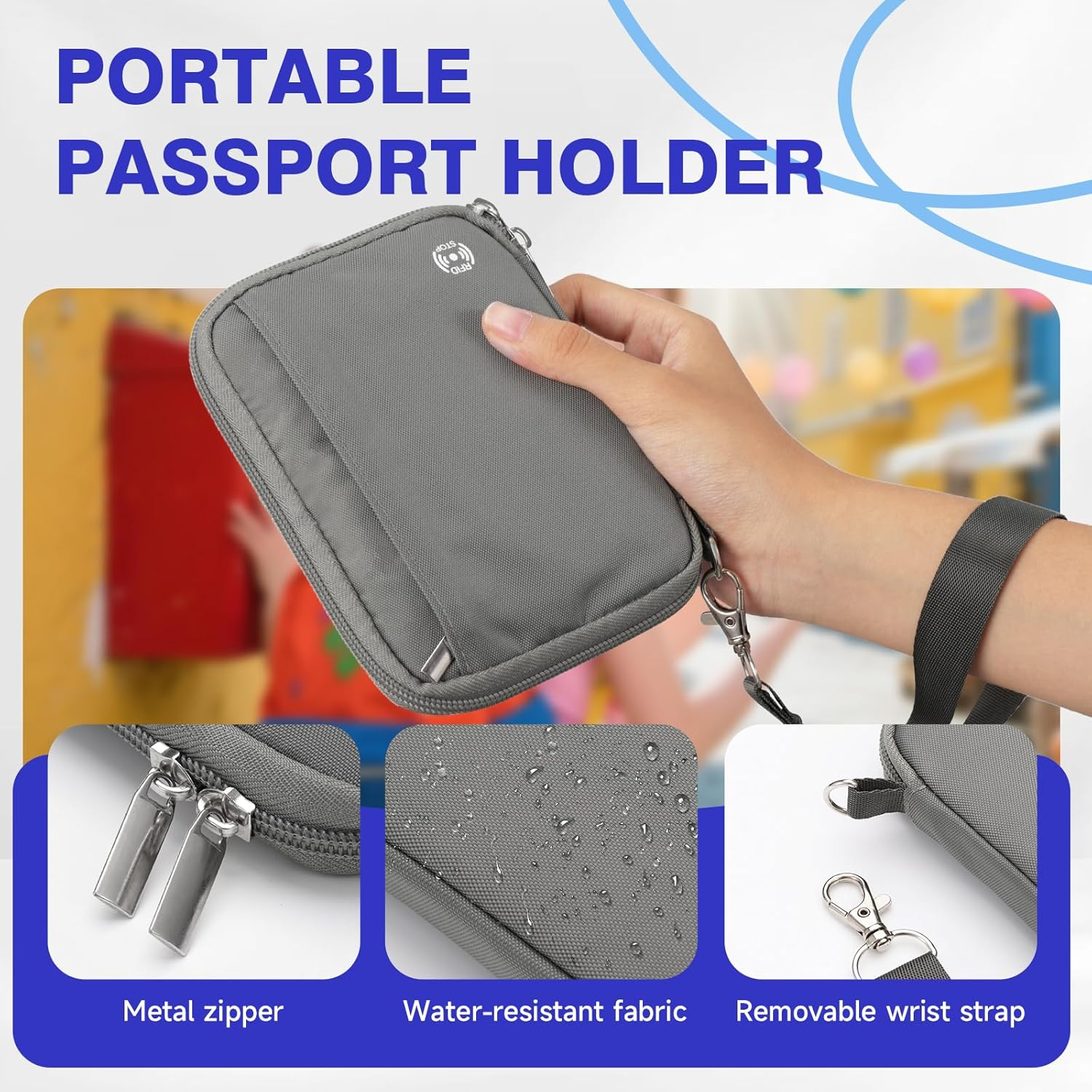 WALNEW Passport Holder for Travel - RFID Blocking Travel Wallet Essentials Organizer with Card Slots & Zipper Pocket (Gray) image number 2