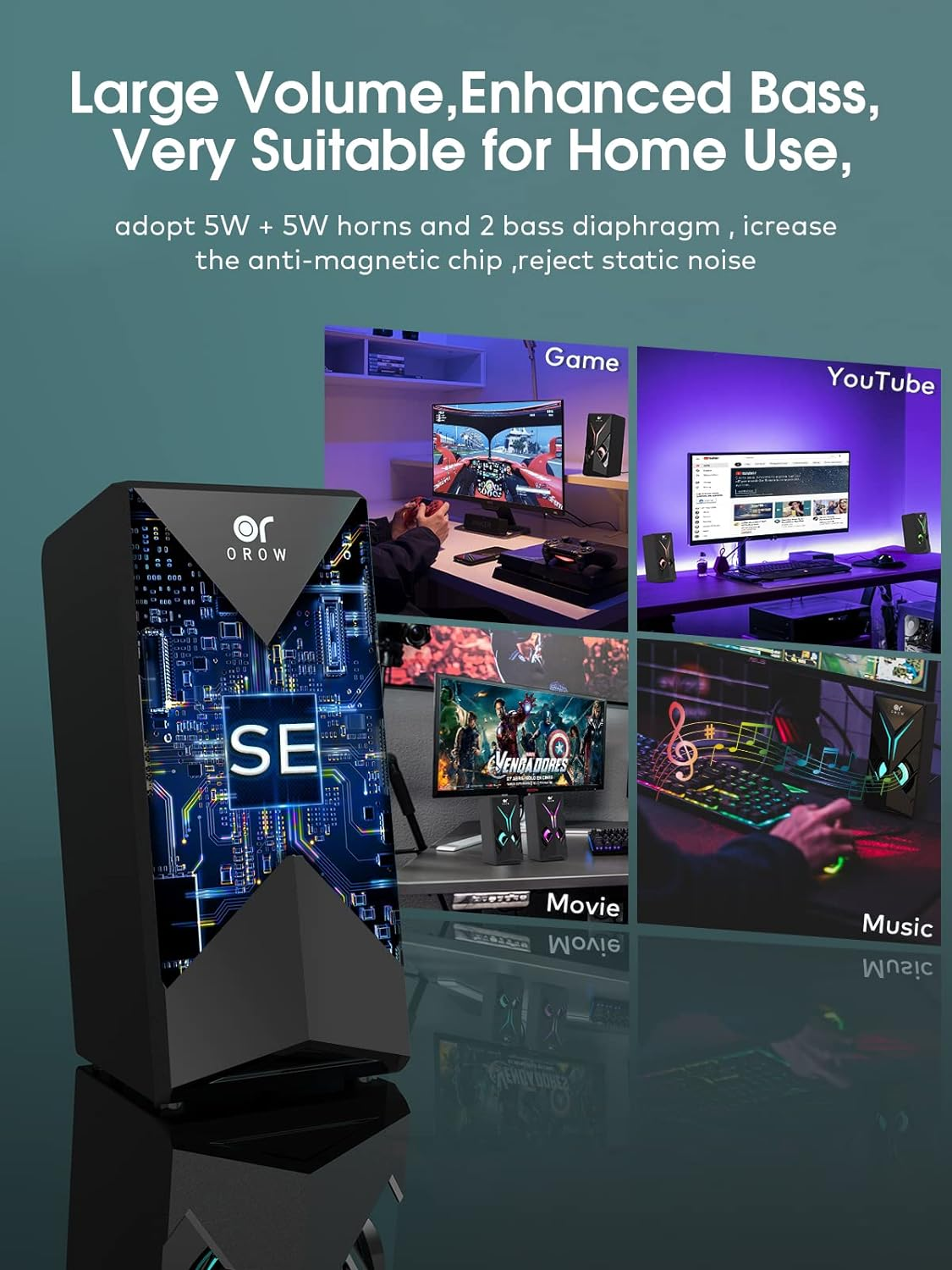 OROW 10W RGB Computer Speakers with Volume Control, Colorful LED Gaming Speakers for Pc/Desktop/Laptop/Monitor, 3.5Mm Aux Input, Lights On/Off Option (S201) image number 5