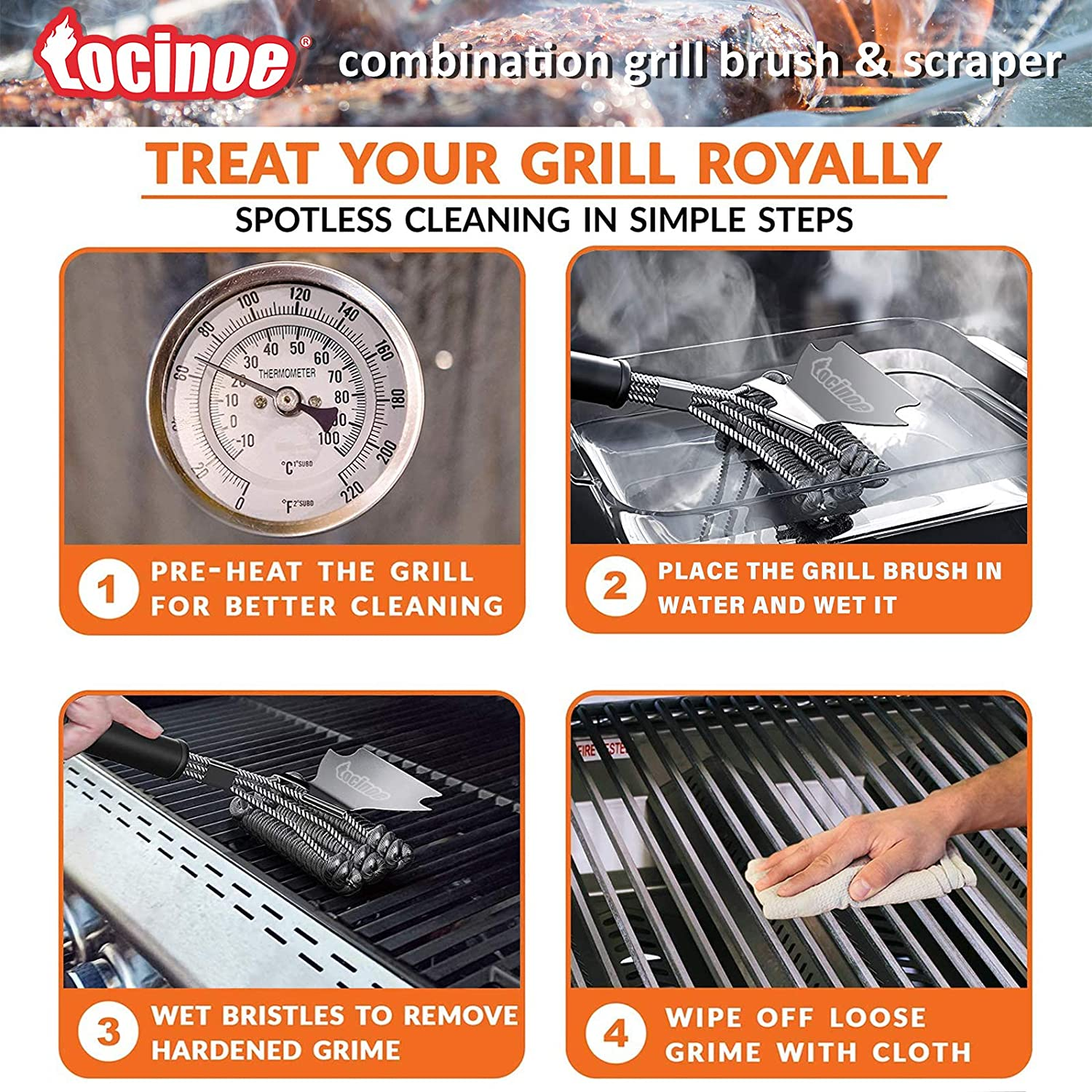 Grill Brush and Scraper for Outdoor BBQ - 18'' Stainless Steel Bristles & Scraper Deep Clean Charcoal Grill Grease - Stronger Heavy Duty Rustproof BBQ Accessories