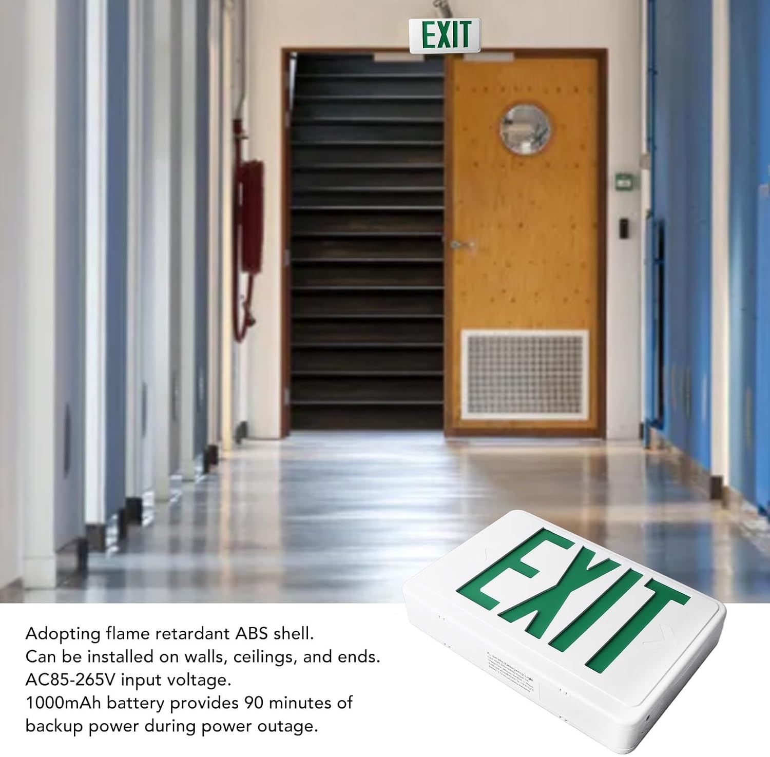 Green Exit Sign, 3W LED Emergency Exit Light with 1000Mah Battery, Glow in the Dark Photoluminescent Exit Sign, Outdoor Emergency Exit Sign Light for Hotel, Hospital, Mall, Office image number 2