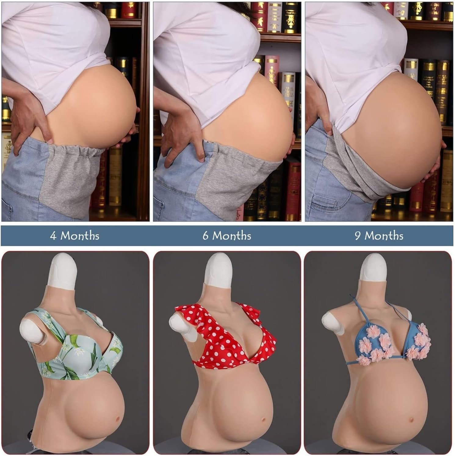 Lifelike Silicone Baby Bump & Breast, 4-9 Months Fake Pregnant Belly with Real Touch - Fake Boobs and Belly with Cotton Filled Breastplate Forms for Crossdresser(Color 3,9 Months)