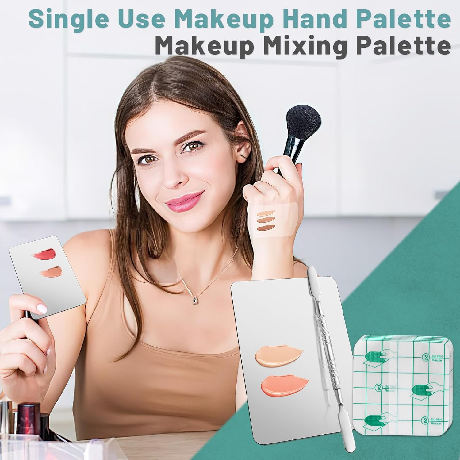Makeup Mixing Palette Set Includes Make up Spatula, 100 Pieces of Makeup Hand Palette Single Use Cosmetic Tape, Foundation Palettes with Finger Ring on the Back for Make up Artist (Silver) image number 5