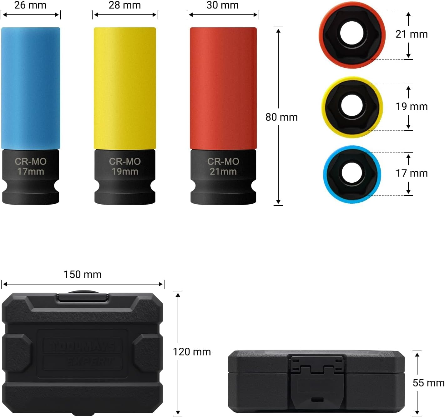 1/2" Drive Lug Nut Impact Socket Set, 3 Pcs Cr-Mo Steel Drive Wheel Protector, 6 Point, Metric Protective Wheel Nut Socket Set 17Mm, 19Mm, 21Mm with Storage Box
