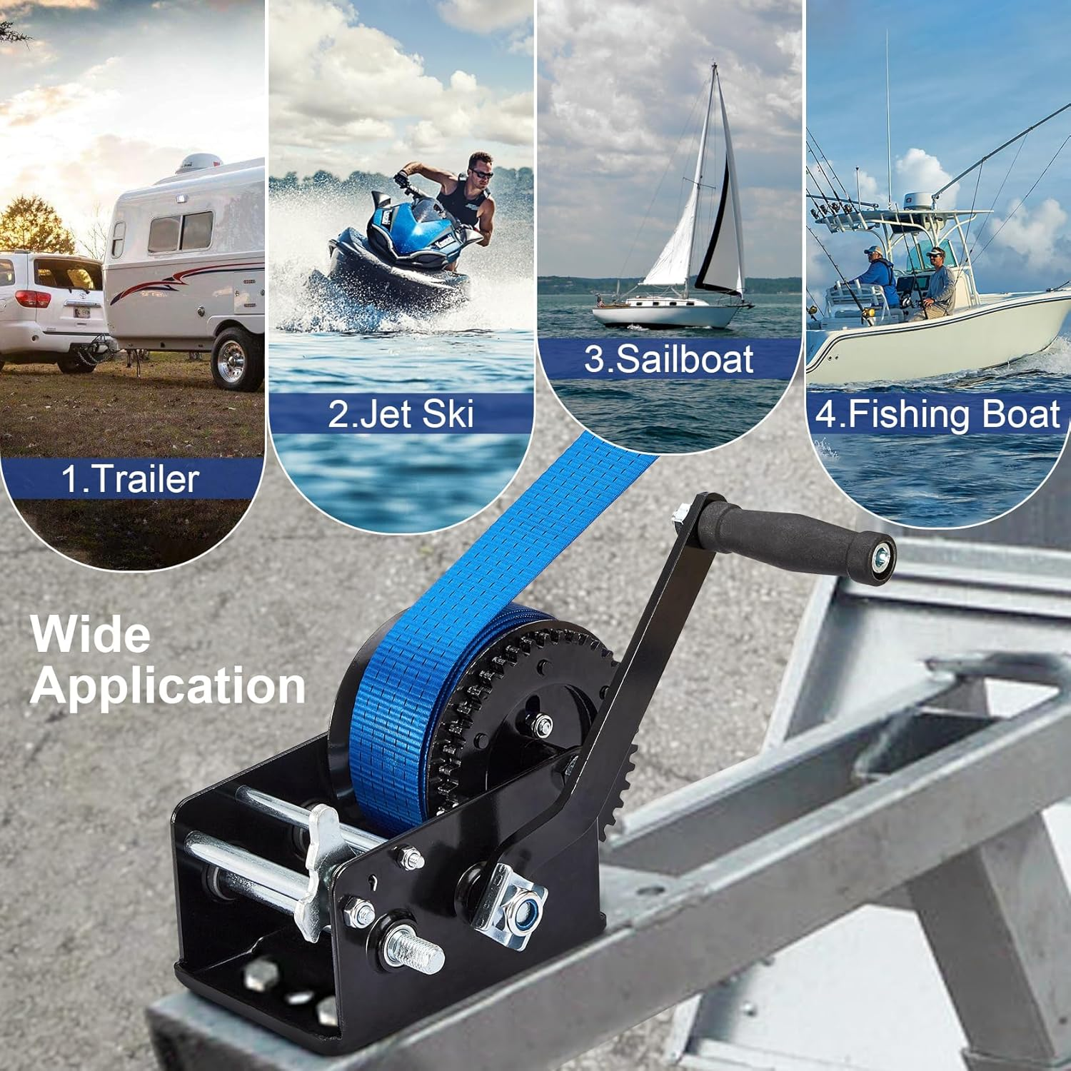 Boat Trailer Winch 3200Lbs with 33Ft(10M) Polyester Strap Hand Winch with Heavy Duty Hook 2 Way Ratchet and 2 Speed Switchable for Boat Truck Trailer ATV Jet Ski image number 6