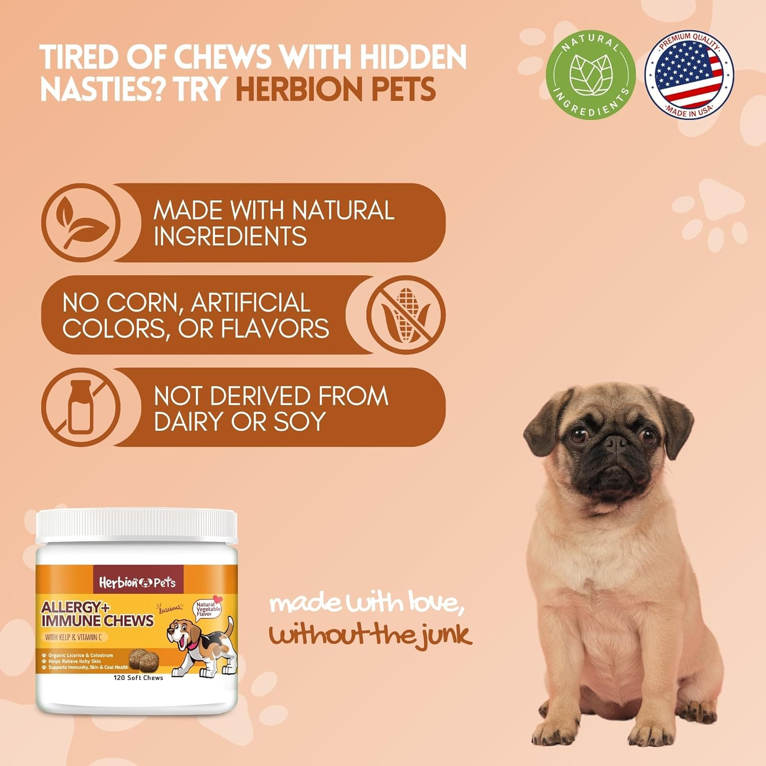 Herbion Pets Allergy + Immune Chews with Kelp & Vitamin C, 120 Soft Chews &ndash; Supports Immunity, Skin & Coat Health &ndash; Relieves Itchy Skin &ndash; Made in USA. Natural Vegetable Flavor &ndash; for Dogs 12 Weeks + image number 1