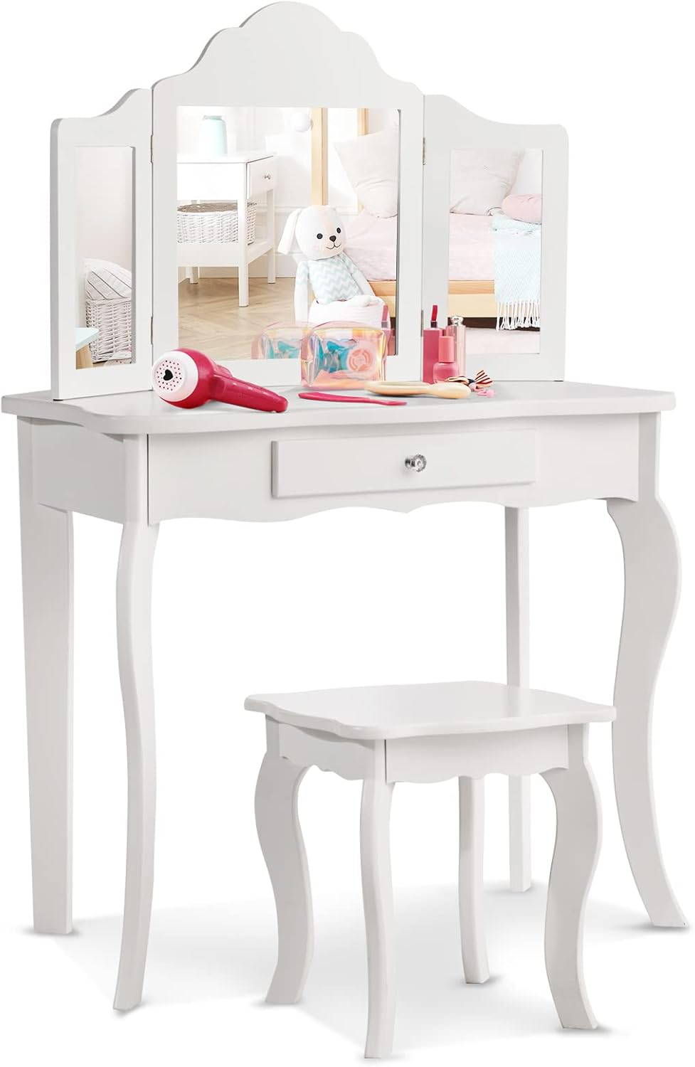 Costway Kids Vanity Table & Stool Set, Toddler Princess Dresser Table W/Tri-Folding Mirror & Large Drawer, 2-In-1 Detachable Mirror Top Design, Smooth Surface, Versatile Use, Easy Assembly image number 2