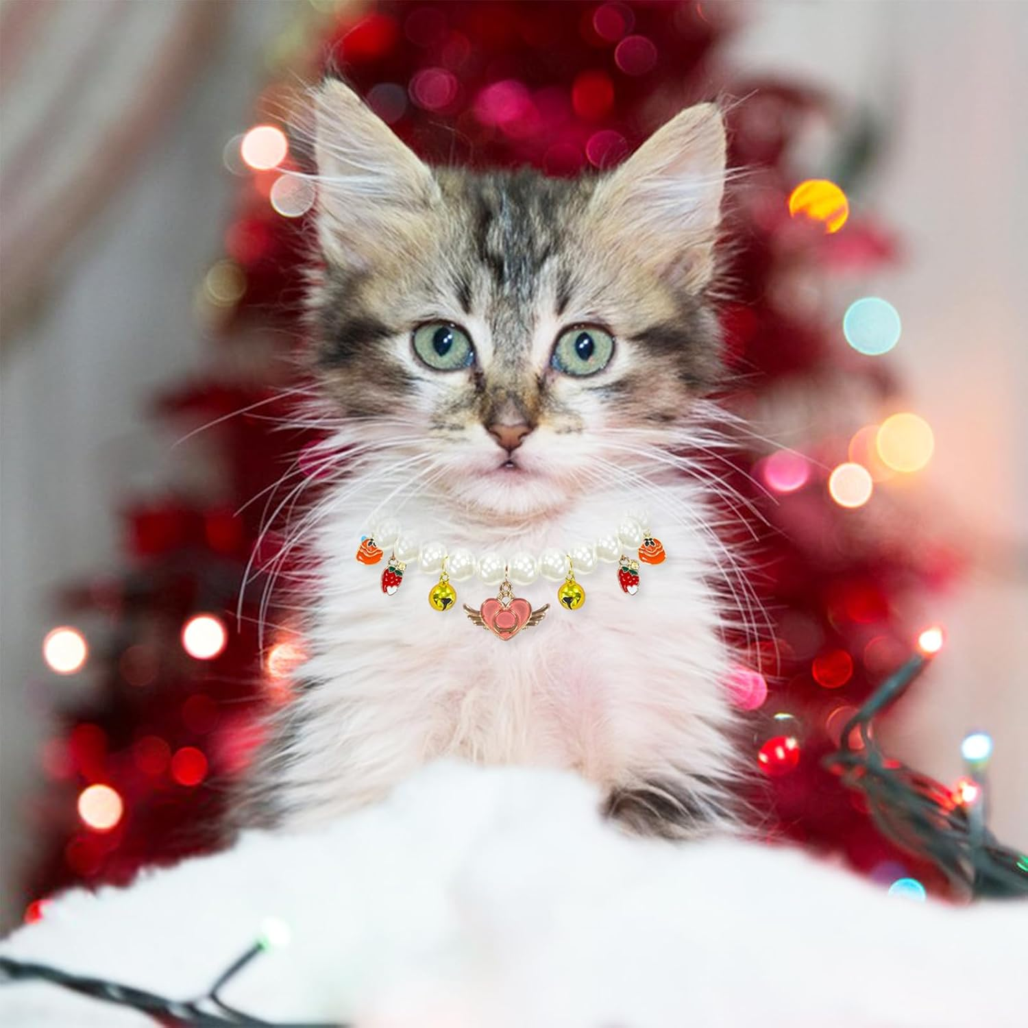 Yanmucy Cat Collar with Bell Pearl Pet Cats Dog Necklace Collar Accessories Necklace Jewellery for Kittens Small Pets Wedding Party Costume Outfits (Cat + Heart) image number 5