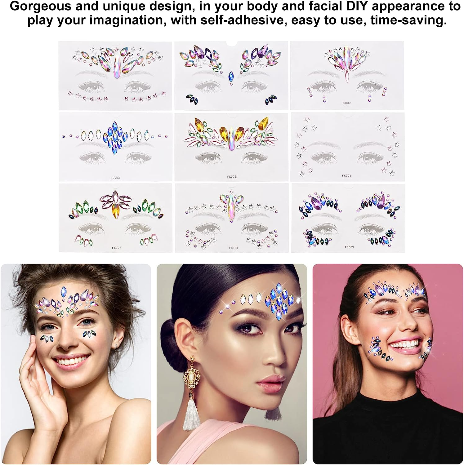 Domary 9 Sets DIY Mermaid Face Jewels - Crystal Rhinestone Gems Stick on Festival Gemstones Stickers - Rainbow Tears Gem Stones Temporary Tattoos image number 2