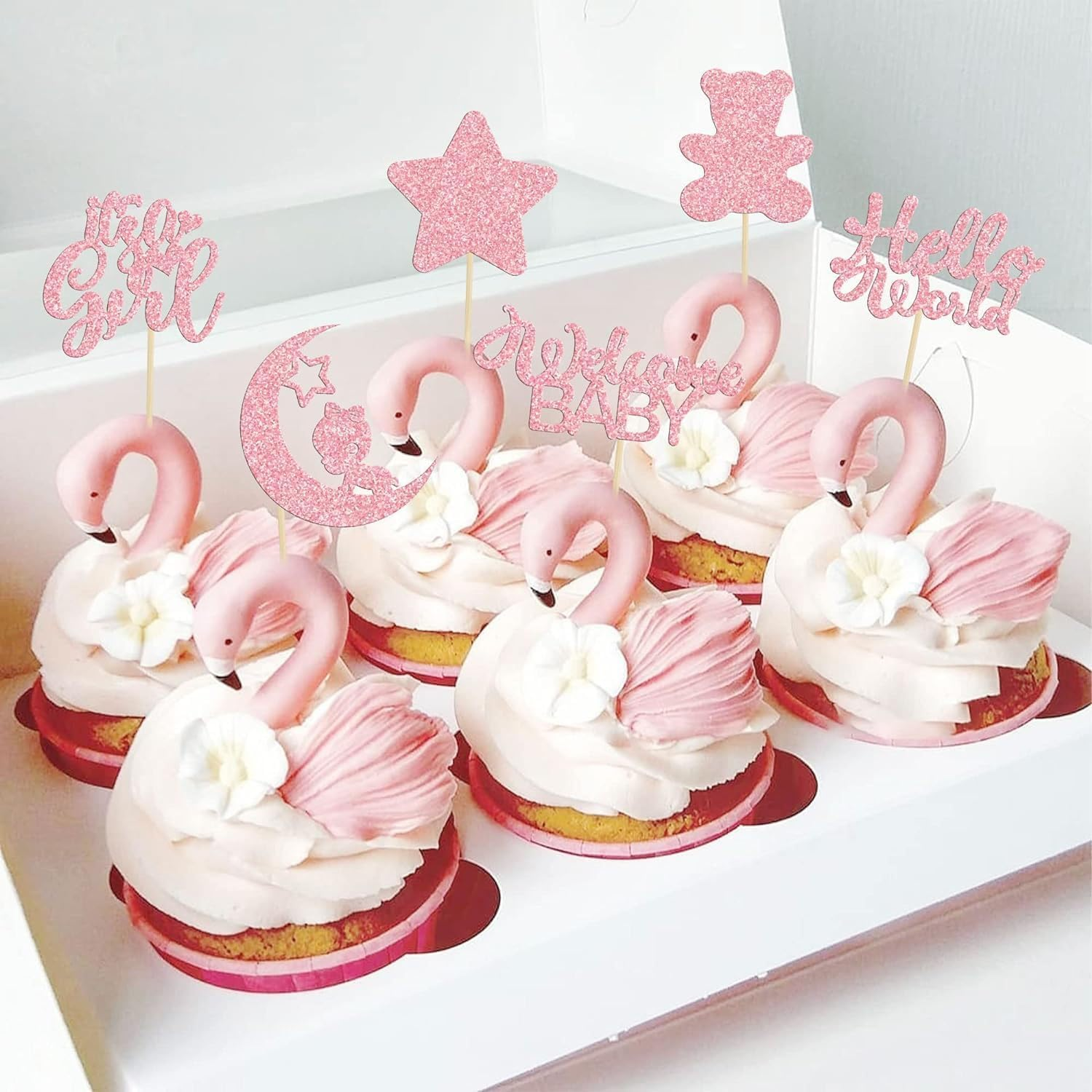 24 Pack Cupcake Toppers, Glitter Baby Bottle Small Footprints Cupcake Toppers for Boys Birthday Theme Party Cake Decorations Supplies. image number 1