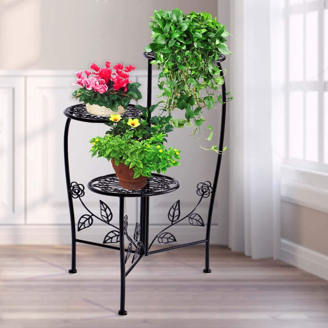 Levede 3 Tier Plant Stand 73Cm Tall Metal Indoor Outdoor Flower Pots Shelf Holder Balcony Garden Display Corner Shelf Wrought Iron Black image number 6