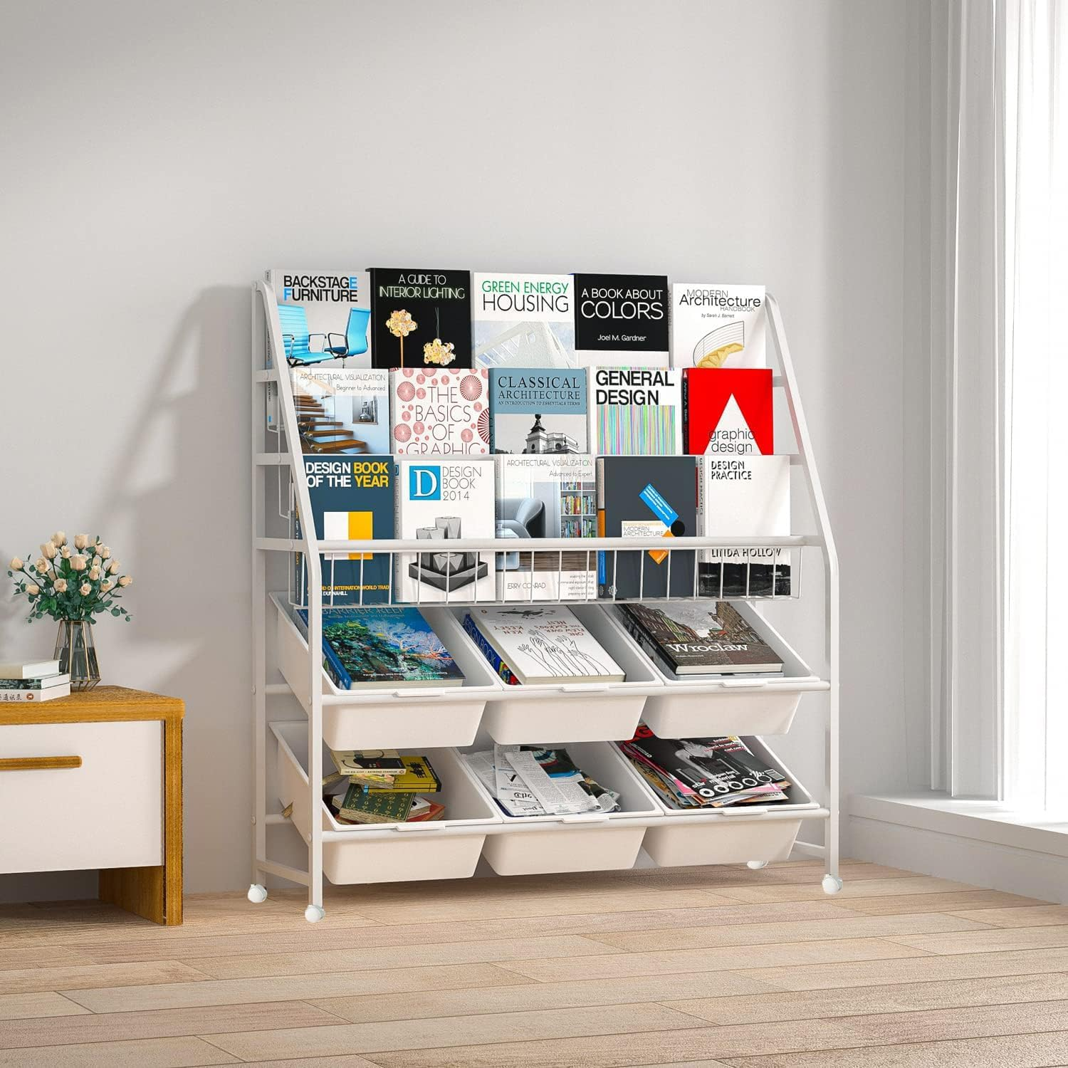 Kids Bookshelf, Metal Bookshelf Freestanding, 3 Tier Bookcase, Book Rack with 6 Storage Organizer, Storage Nursery Book Shelf for Children, Study Room