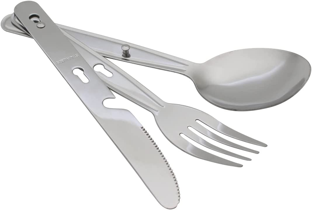 4-In-1 Camping Utensils Hiking Cutlery Set for 4, Portable Stainless Steel Flatware Spoon Fork, Knife & Bottle Opener Combo Pack for Picnic Travel, Barbecue, Backpack Outdoor Gear with Carrying Bag
