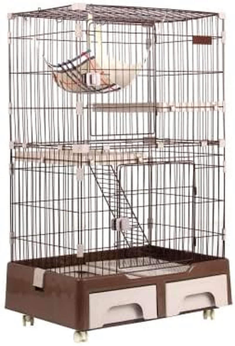 BTM Cat Cage - 2 Tiers with Toilet, Casters, Hammock, Stylish House, Multi-Tier, Answering Machine, Protection, Escape Prevention, Multiple Heads, Steel Pet Cage