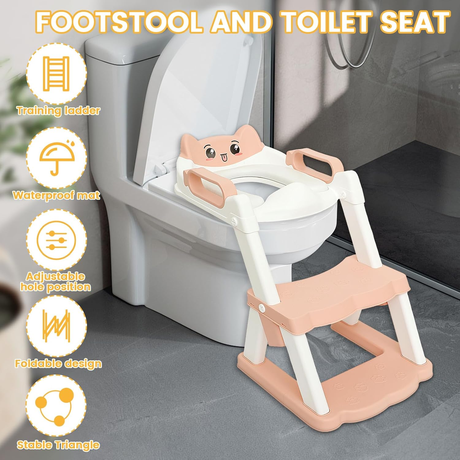 Potty Training Seat with Step Stool, Foldable Training Ladder anti Slip, Adjustable Height Comfortable Safe Potty Seat for Kids Boys Girls (Pink) - Grey image number 6