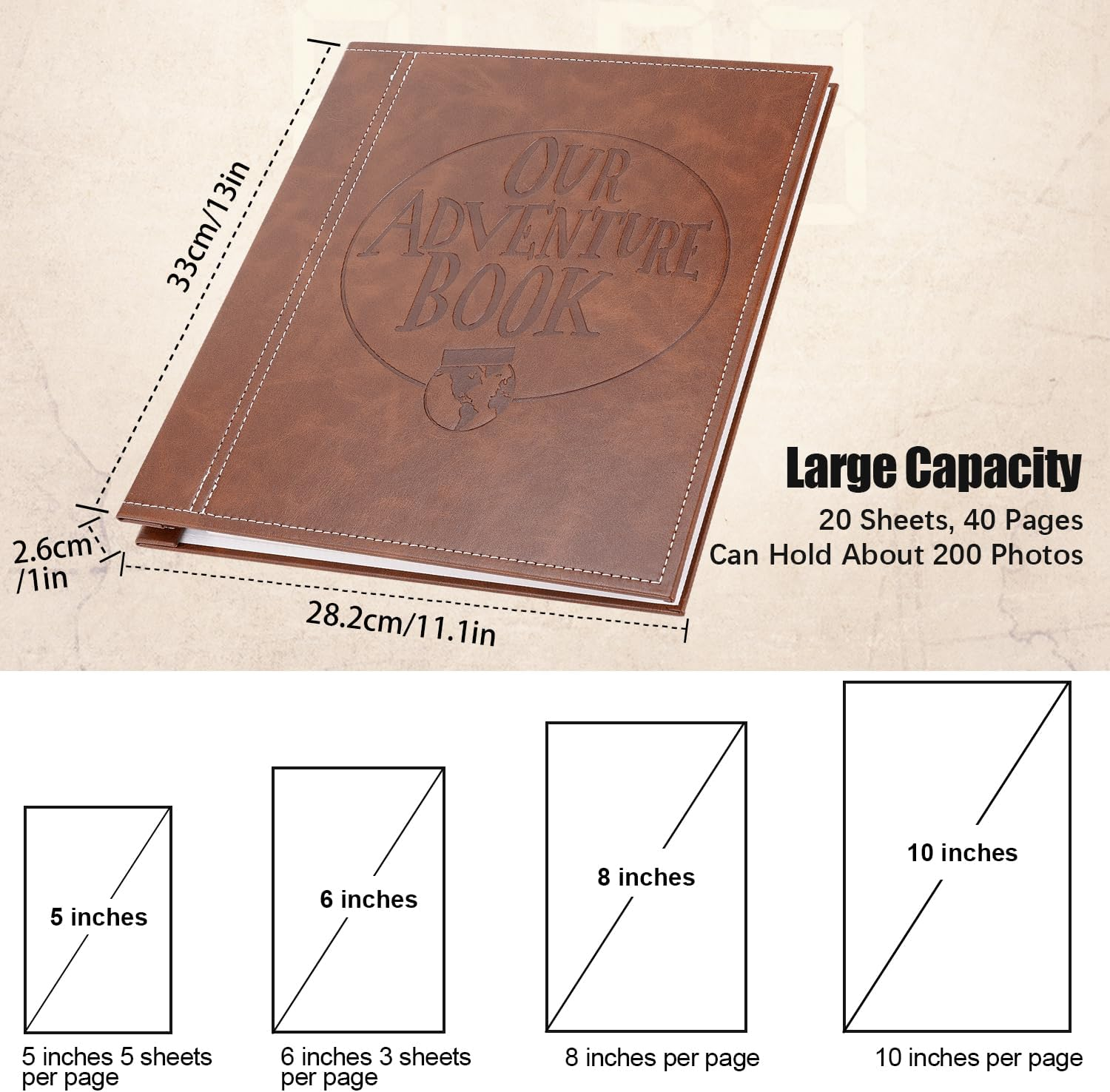 Self Adhesive Large Photo Albums 40 Pages, Our Adventure Book Leather Hardcover Wedding Album, Personalised Photo Scrapbook for Anniversary, Holds 3X5, 4X6, 6X8, 8X10 Photos, Brown image number 3