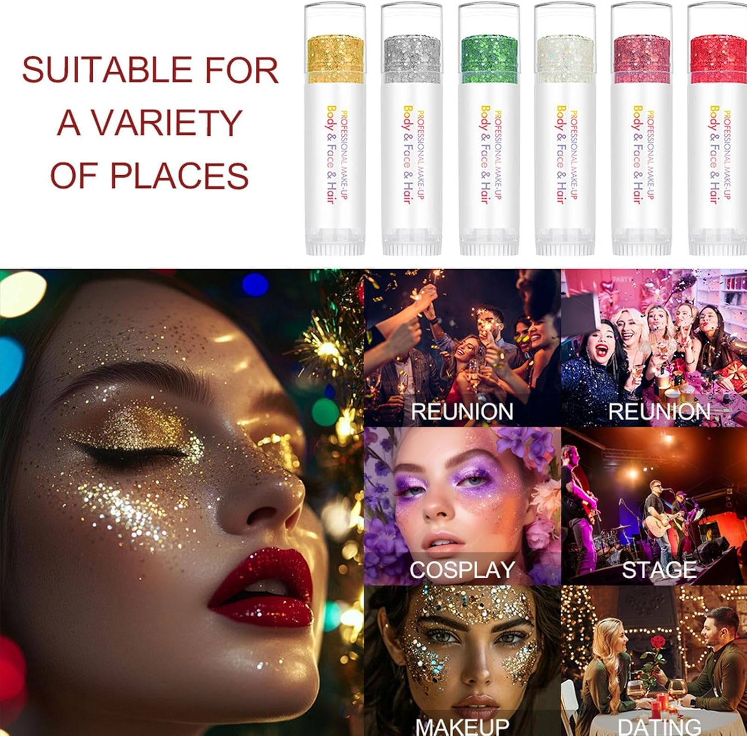 Face Glitter Gel,6 Colors Sparkling Stick,Face Glitter - for Festival Party Clubbing Halloween Carnival Music Event Christmas Fairy Theme image number 5