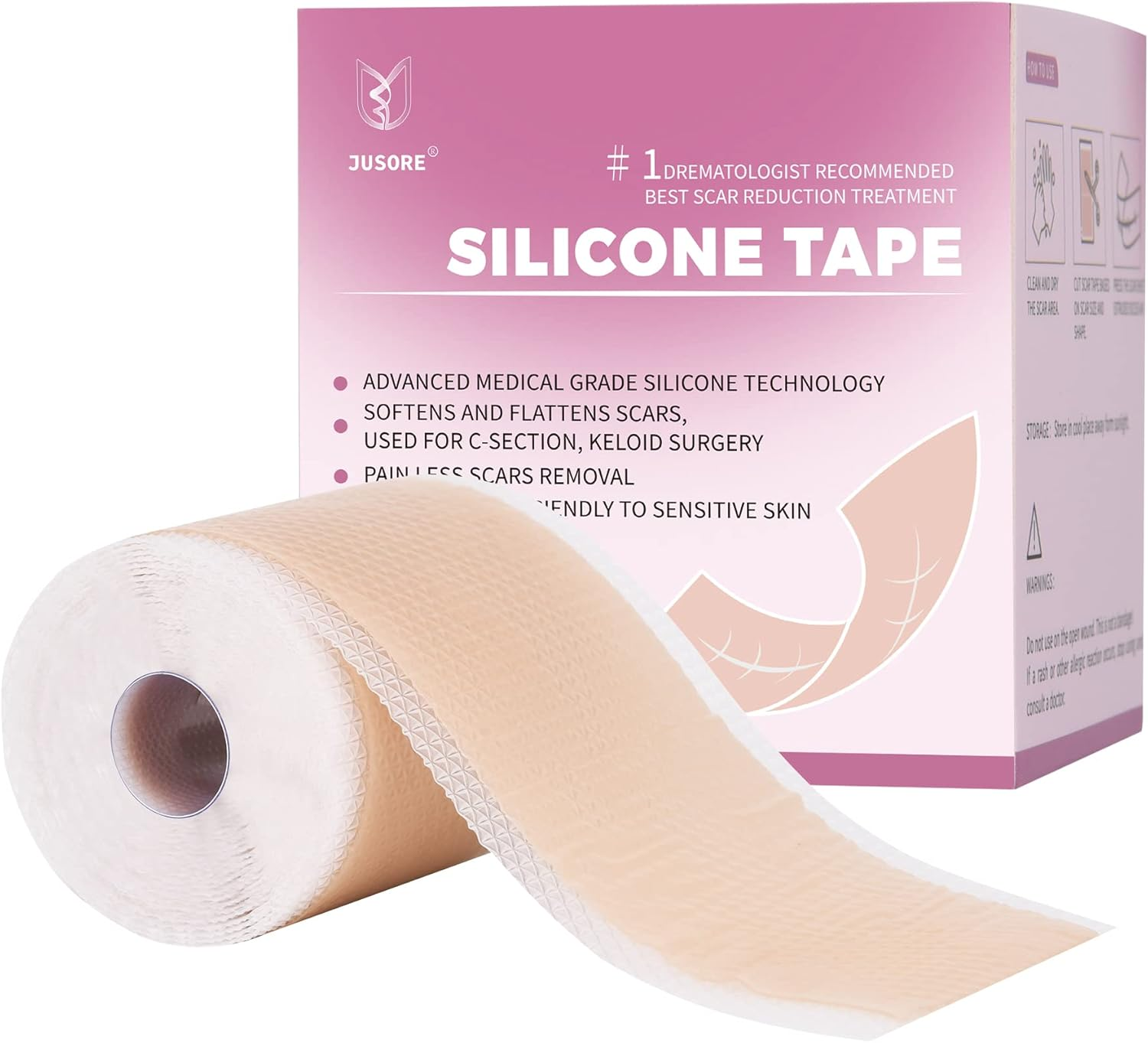 Professional Medical Silicone Scar Tape - Grade Scar Sheets, Non Irritating, Painless for C-Section, Surgical Scars, Burn, Keloid, Acne, Provide Safe and Effective Solutions(1.6&rdquo; X 60&rdquo; Roll) image number 3
