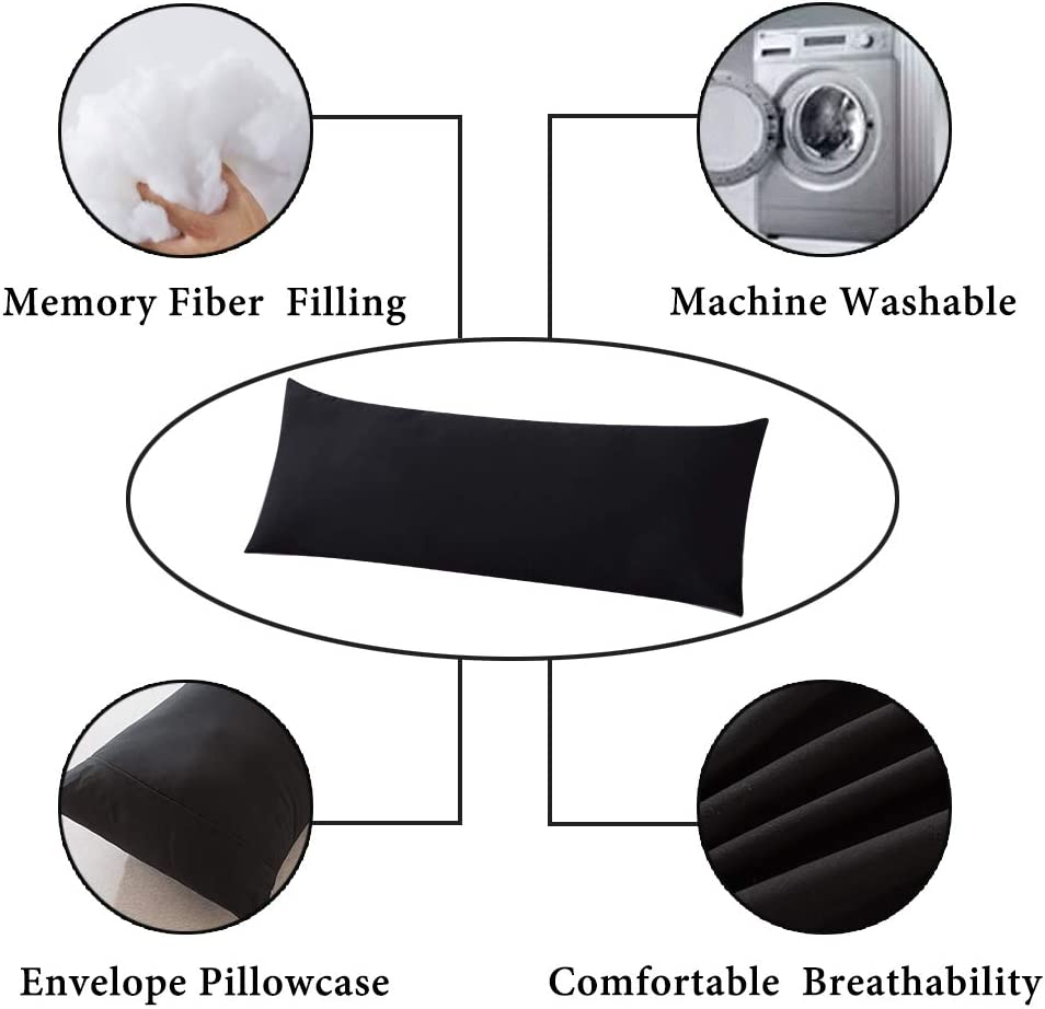 ELNIDO QUEEN Body Pillow with Pillowcase - Soft Long Bed Pillow for Adults - Breathable Full Body Pillow Insert for Sleeping, 20X54Inches, Black image number 6