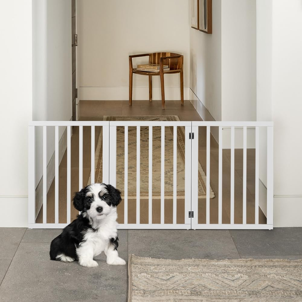 Petzly Foldable Dog Gate, Freestanding Pet Gate for Puppy Small Dogs and Cats, Dog Fence for House Stairs Doorway Bedrooms, No Drill Pet Barrier Indoor/Outdoor, 4 Panels Fence, White - 188CM X 61CM