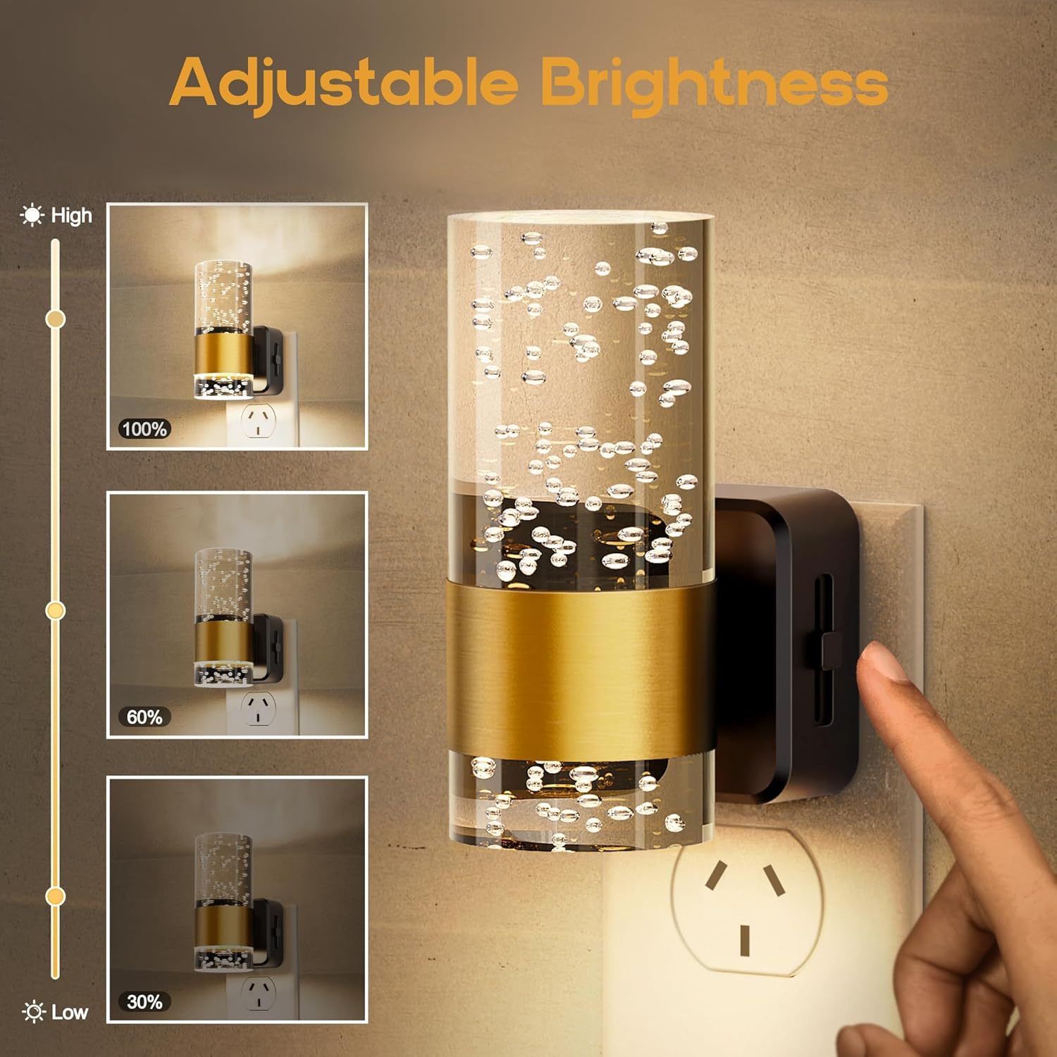 Night Lights Plug into Wall, 2 Pack 3000K Dimmable Nightlight with 0-100 LM Adjustable Brightness, Modern Automatic Plug in Night Light with Light Sensor for Hallway Bedroom