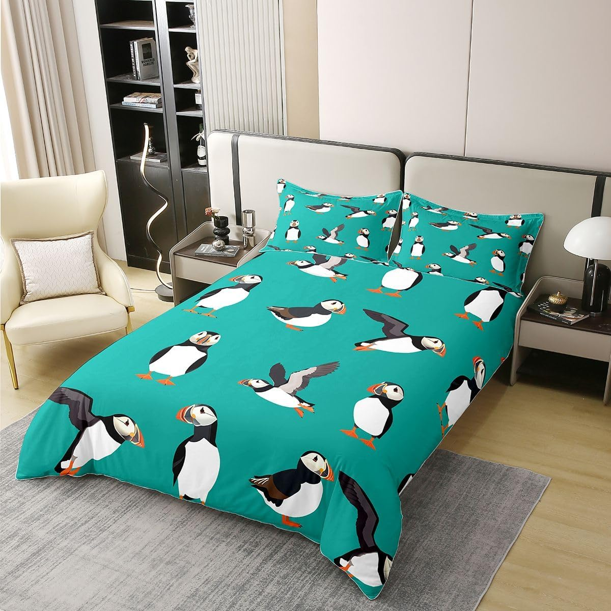 Puffin Bedding Duvet Cover 100% Cotton Set Twin Size Puffin Bird Drawing Bedding Set for Kids Decor Cute Animal Theme Comforter Cover Set Polar Animal Bedspread Cover Bedroom Bedclothes image number 5
