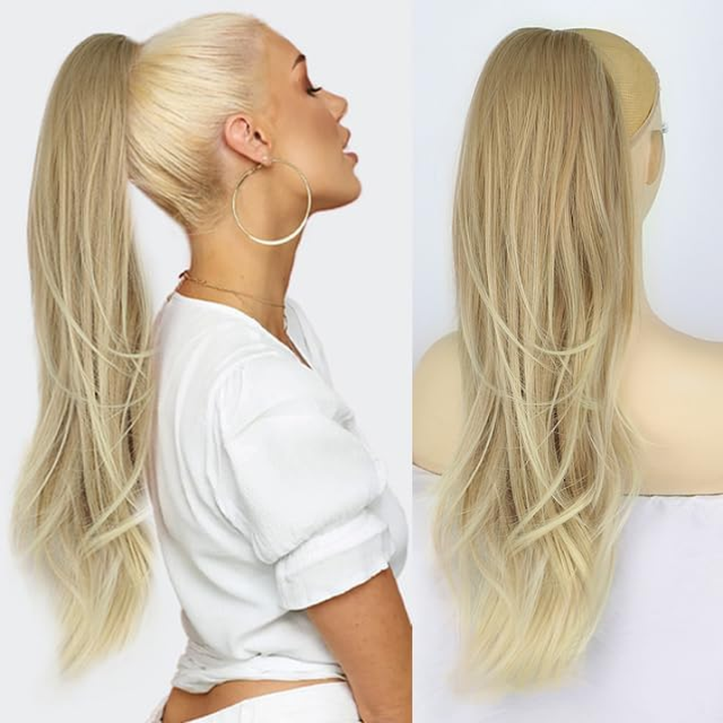 PORSMEER Long Braid Ponytail Hairpiece Hair Extension with Drawstring Long Straight Wavy Natural Synthetic Hair Ponytail Extensions Brown with Blonde for Women Afro Ladies, 65 Cm