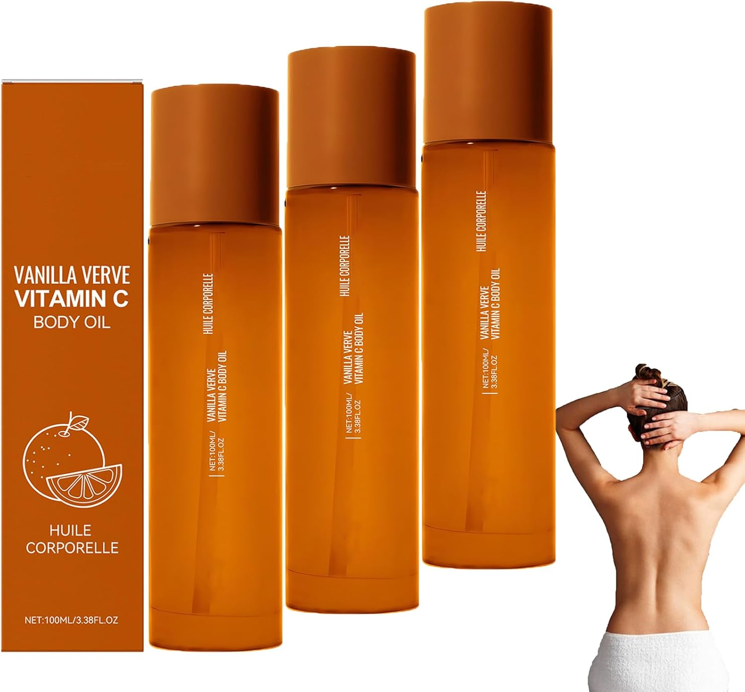 Vitamin C Body Oil for Women, Massage Body Oil for Dry Skin, Absorbing & anti Winkle, Anti-Aging Repair for Brightening and Even Skin Tone, Deeply Nourishing Dry Skin Non-Greasy (2Pcs)