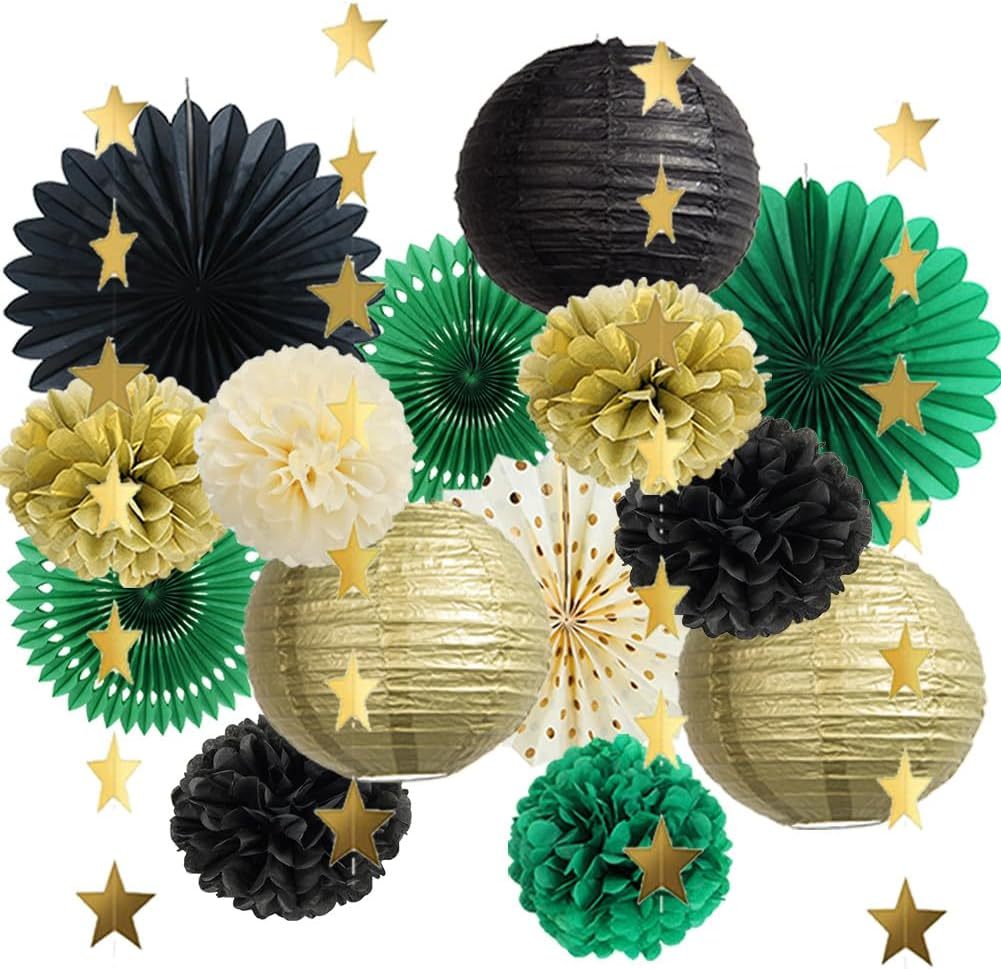 Green Black and Gold Party Decorations Paper Lanterns Black and Gold Tissue Paper Pom Poms Dark Green Black Gold Party Decorations for Fall Birthday Party Birthday Wedding Engagement image number 3