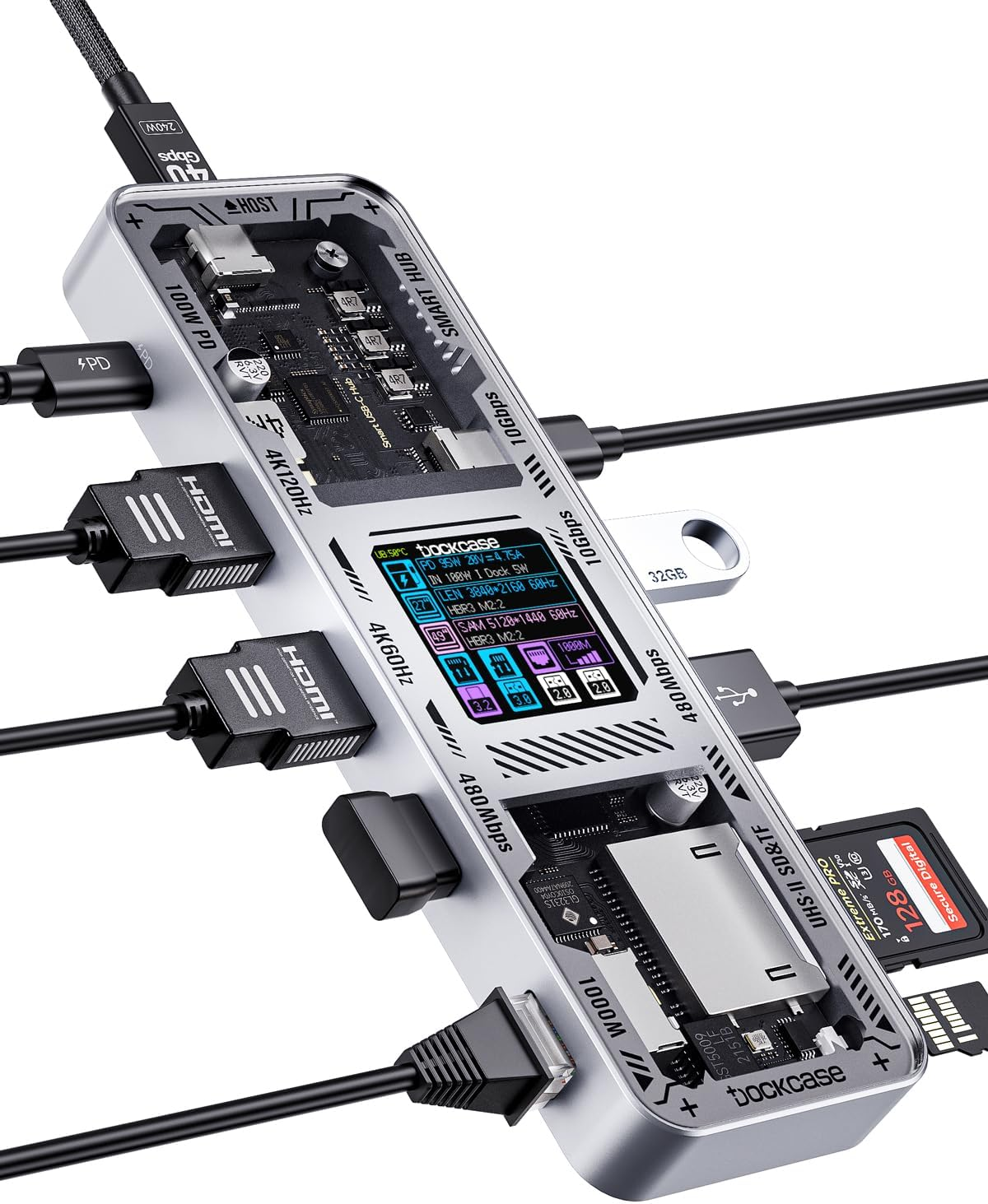 DOCKCASE Explorer Edition 10-In-1 USB C Hub, Dual 4K HDMI USB C Adapter, Gigabit Ethernet,1 USB-C and 3 USB-A Ports,100W PD Power Delivery, UHS-II TF/SD Card Reader for Macbook Pro,And More (Silver)