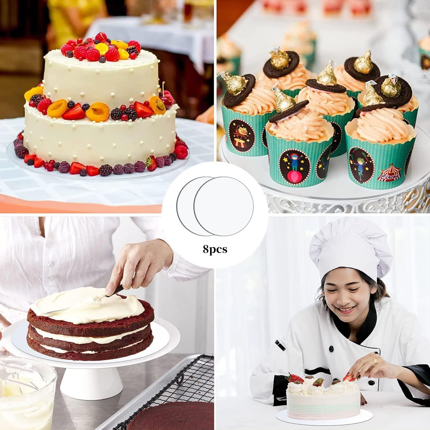 LEIAOLY Cake Boards, White Cake Boards 10 Inch Round, Food-Graded Cardboard Cake Rounds Cake Base, Waterproof and Oil-Proof Cake Boards for Cake DIY, Dessert and Crafts Display(Silver 8 Pcs) image number 1