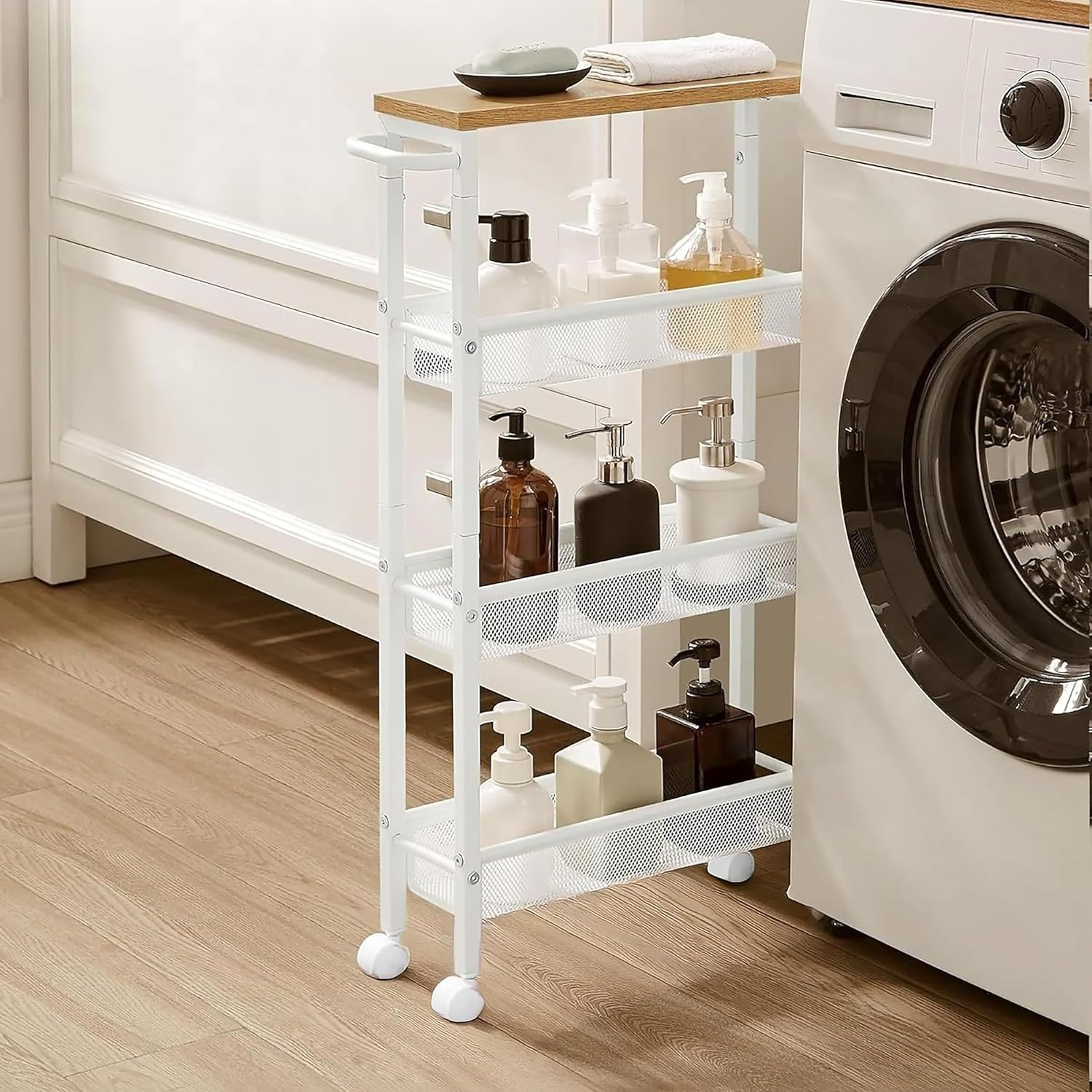 Relaxdays Niche Trolley, H X W X D: 77 X 13 X 45 Cm, Narrow Recess Shelf, Bathroom & Kitchen, 4 Levels, Metal Rolling Shelf, Natural/White image number 5