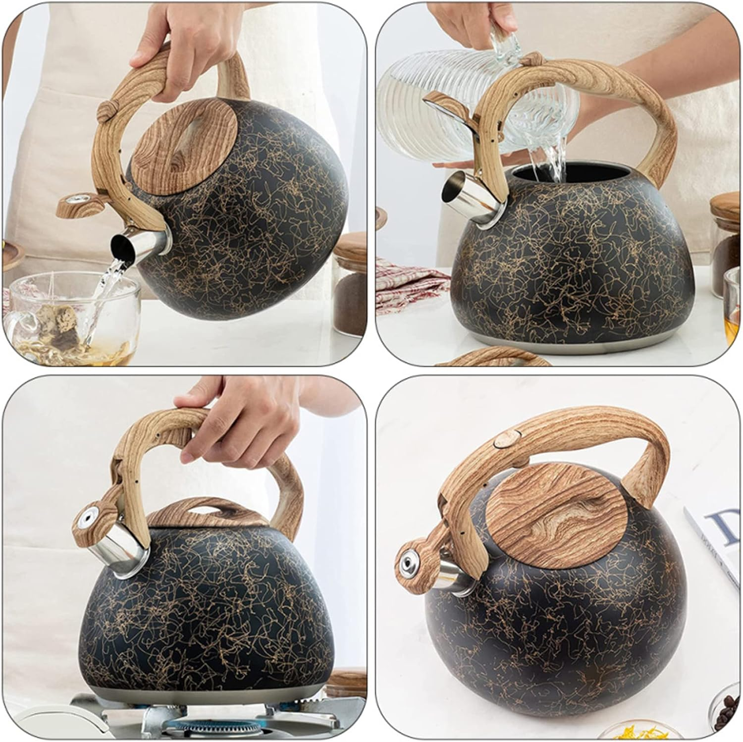 Stove Kettle， Gold Line Pattern Wood Grain Handle Stovetop Whistling Teapot, Home Kitchen Coffee Pot, Kettles, Tea Espresso Appliances image number 2