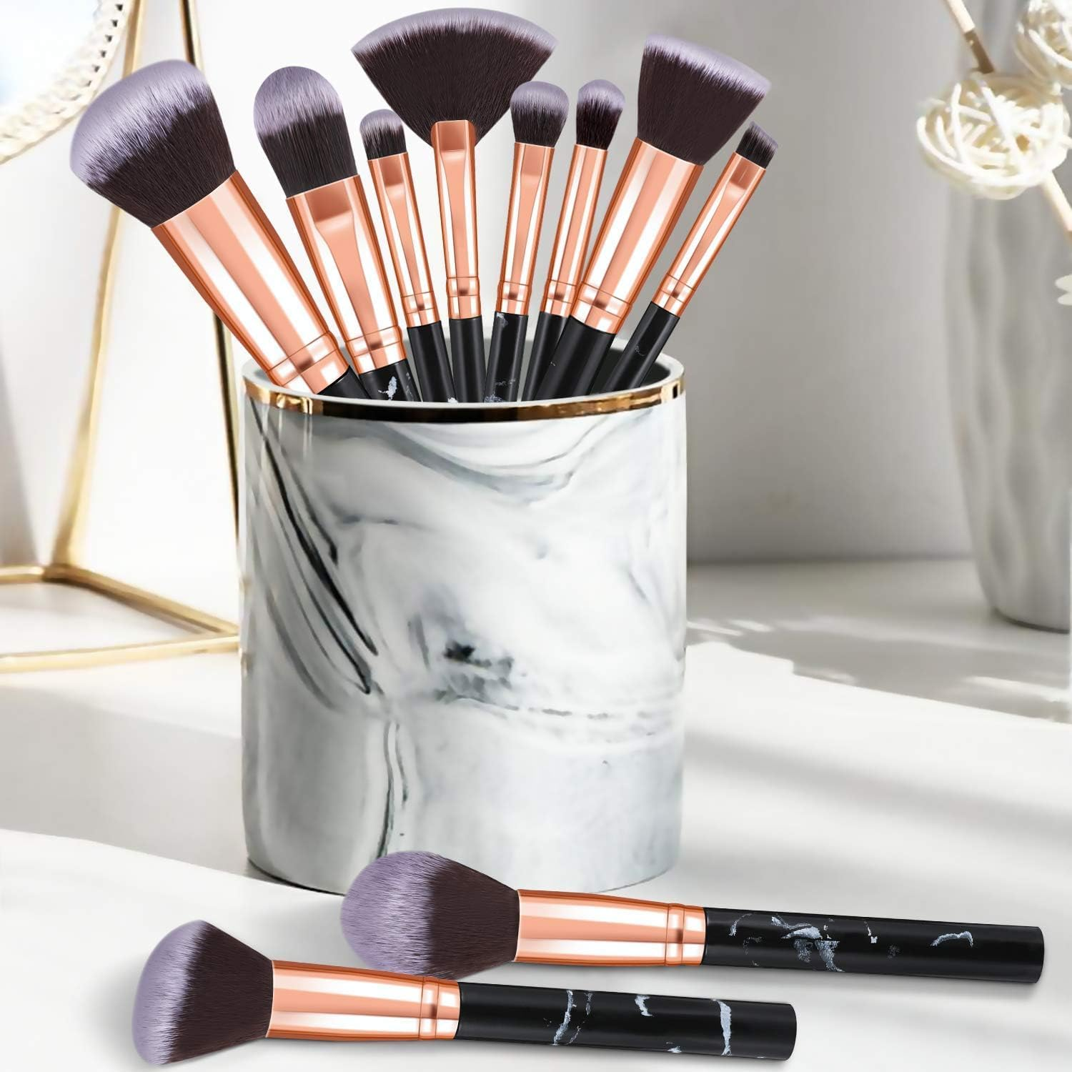 Makeup Brushes 10Pcs Marble Makeup Brush Set Professional Premium Powder Foundation Blush Blending Eyeshadow Brushes Sets - Black image number 6