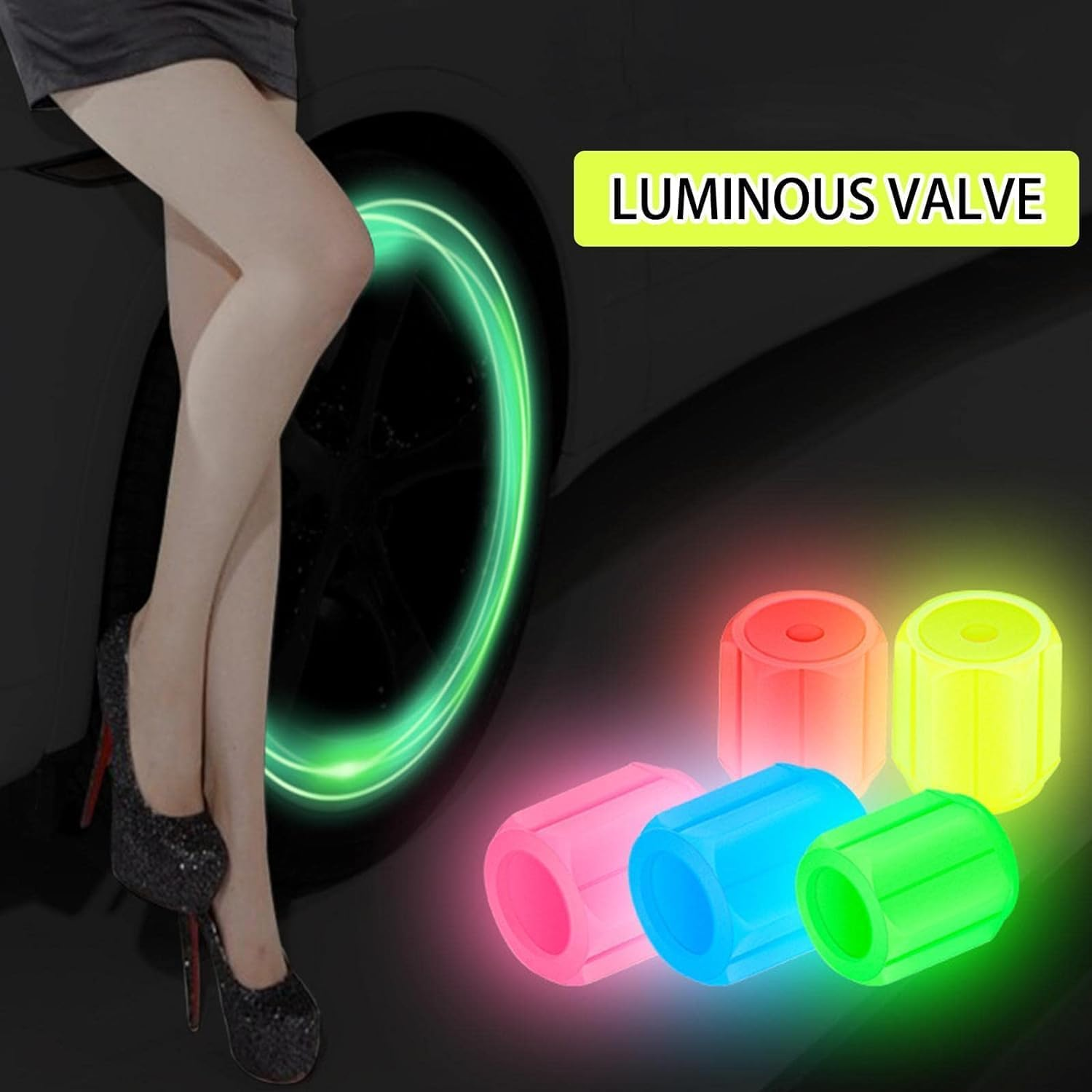 4Pcs Yellow Luminous Tyre Valve Caps Car Motorcycle Glowing Hub Cover Wheel Styling Tool Tyre Valve Car Accessories Valve Caps Accessories and Parts