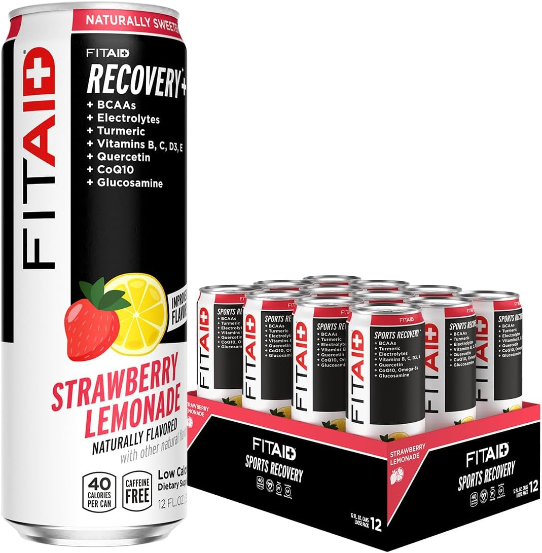 FITAID Post Workout Recovery Drink, Strawberry Lemonade, Bcaas, Glucosamine, Electrolytes, All in One Can, Paleo, Vegan & Gluten-Free, 40 Calories, 12 Fl Oz (Pack of 12) image number 1