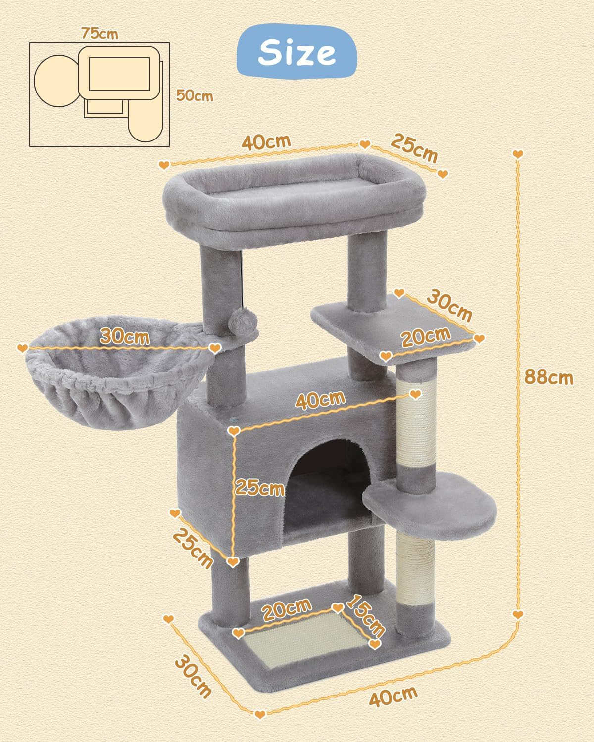 PAWZ Road Cat Tree for Indoor Cats, 88Cm Cat Tower with Top Perch, Cozy Hammock, Large Condo, Scratching Posts and Pad, Kitten Climbing and Dangling Ball
