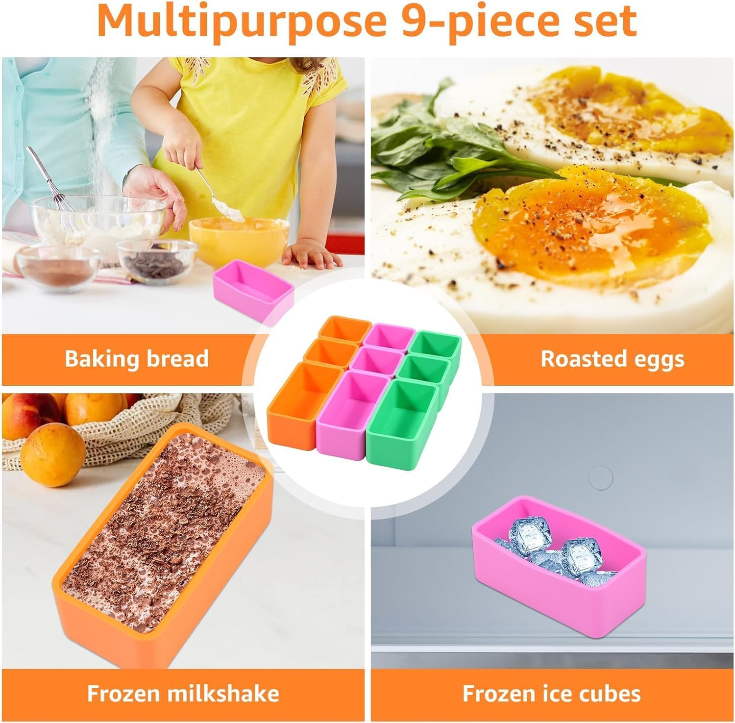 9Pcs Silicone Bento Box Dividers Square 2''X2''X1.5'' Rectangle 4''X2''X1.5'' Bento Baking Cups Temperature Resistant Lunch Box Food Divider Insert for Kids Office School image number 3