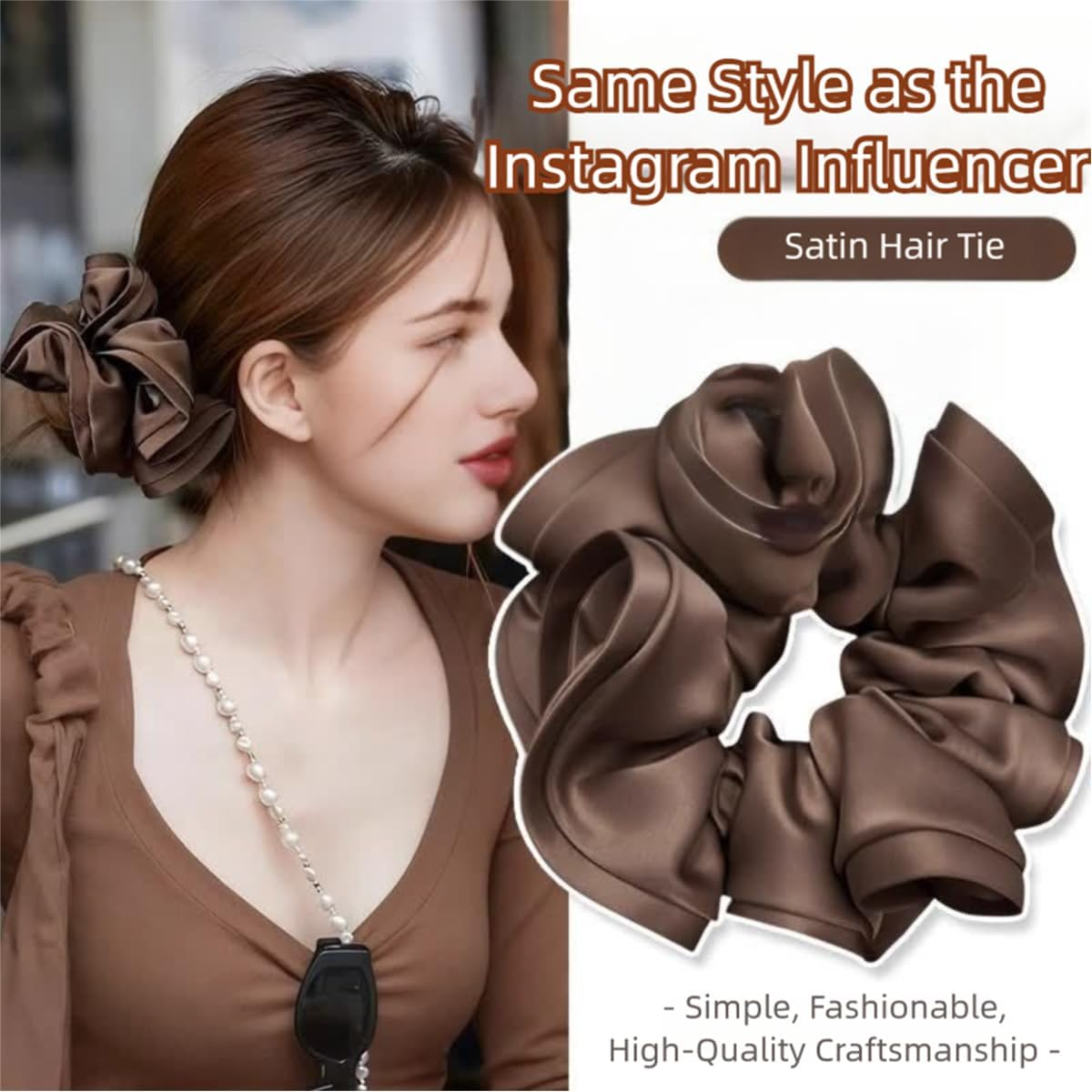 Pack of 3 Hair Bobbles Scrunchies for Women French Hair Accessories Retro Satin Elastic Thick Bands Hair Clip Hair Ties image number 5