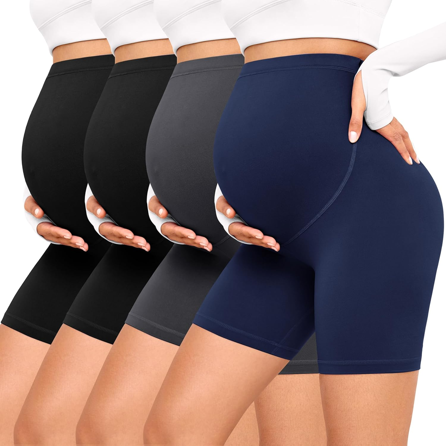VALANDY Creamlush 4 Pack Maternity Shorts&ndash;Over the Belly Buttery Soft Stretchy Maternity Lounge Yoga Shorts