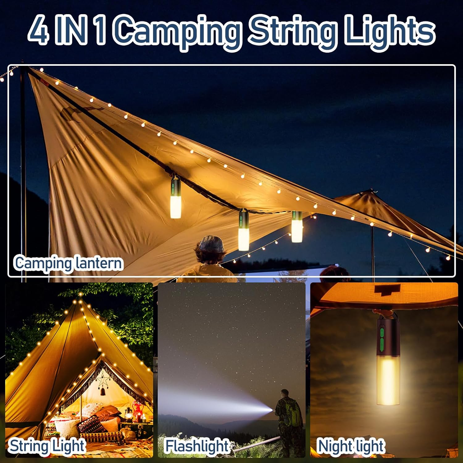 Uandhome Camping String Lights, 10M String Light with Camping Lanterns，Portable Rechargeable Flashlights with 4000Mah, Waterproof Camping Lights for Emergency,Camping,Hiking image number 6