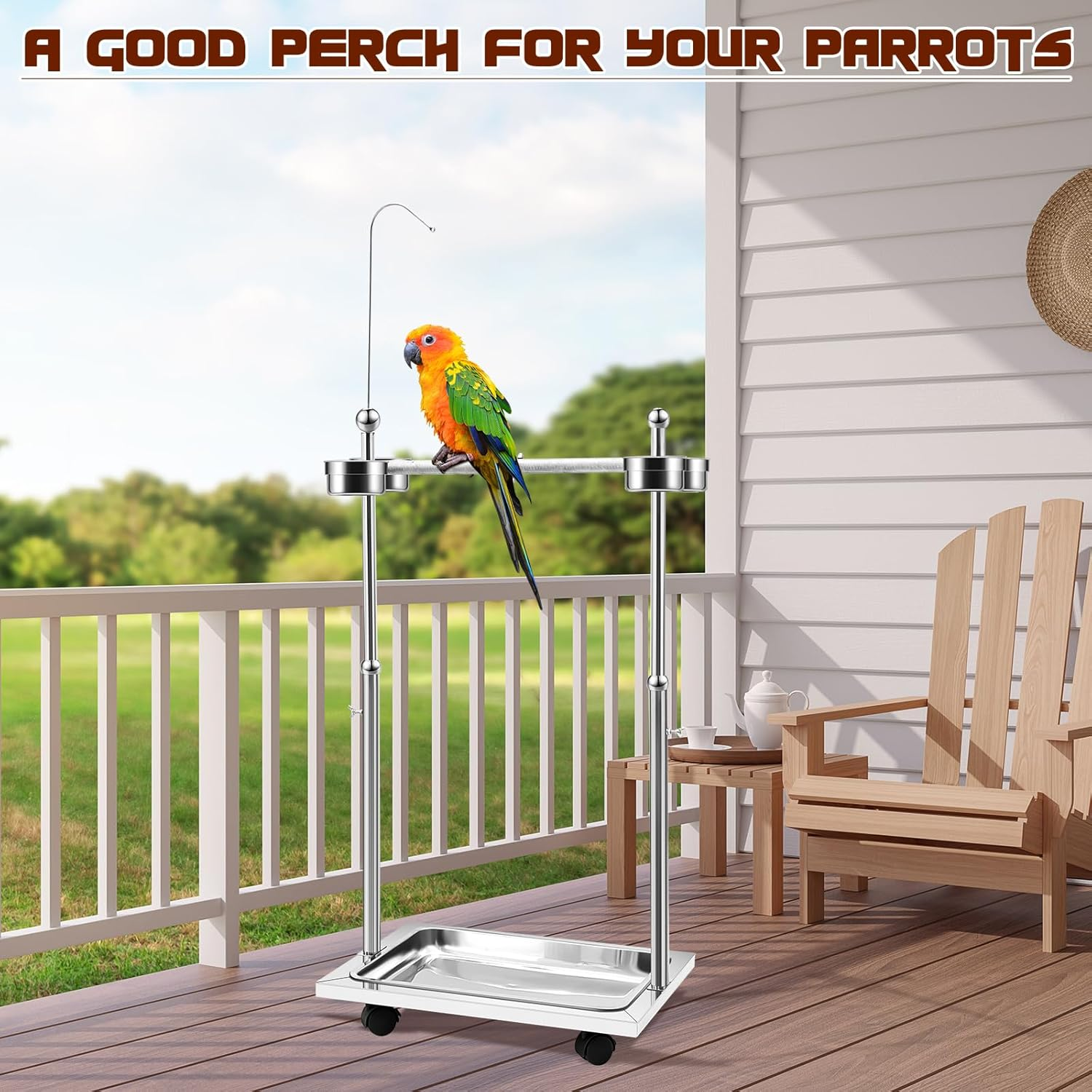 Tandefio Parrot Stand Bird Play Stand 21.65 X 15.35 X 27.95 Inches Large Metal Stainless Steel Bird Playstand Adjustable Height Perch with Universal Wheels and Feeding Bowls image number 3